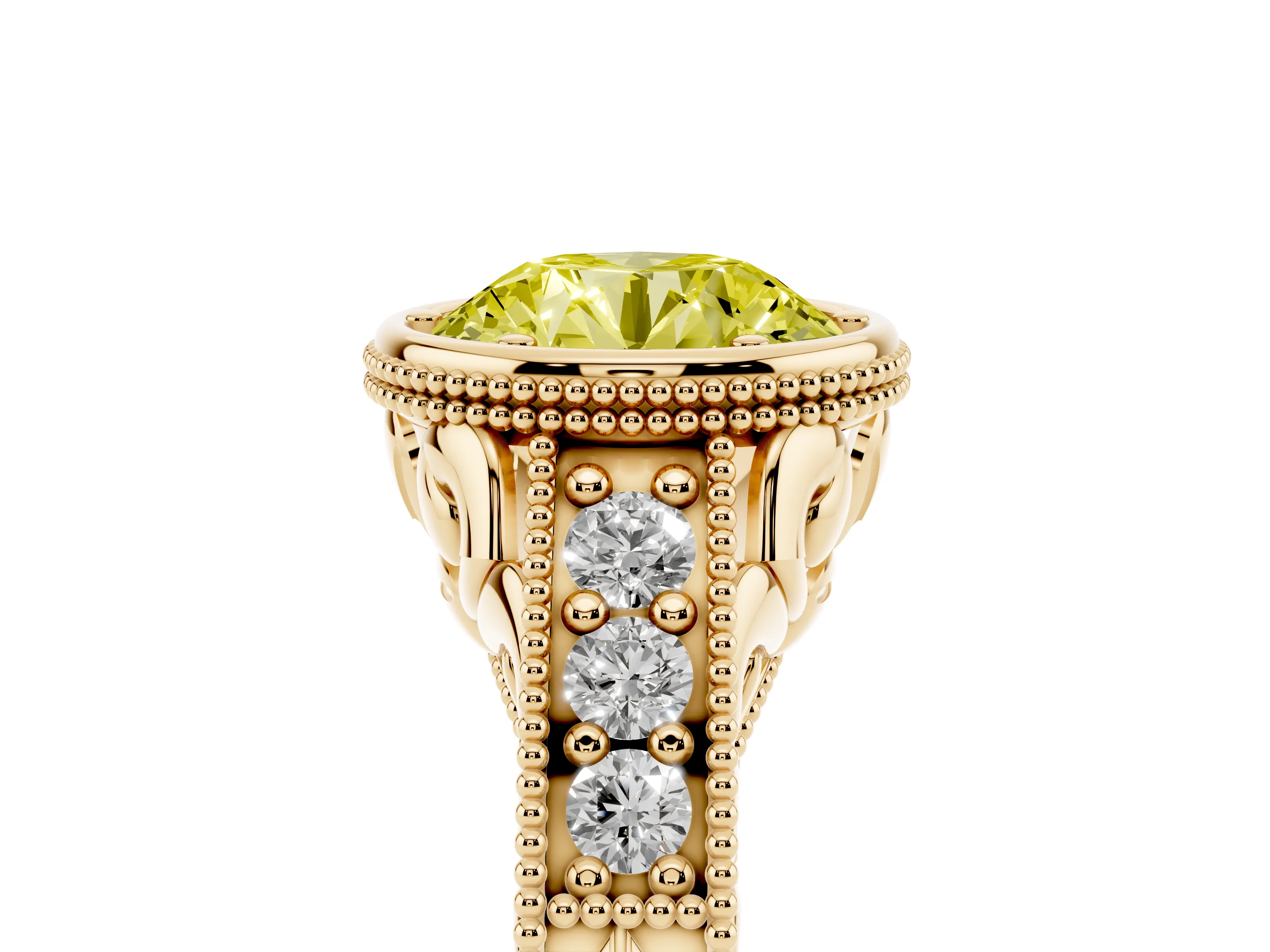 Fancy Yellow Bezel Set Round Cut Diamond Milgrain Pavé Engagement Ring Set in Yellow gold