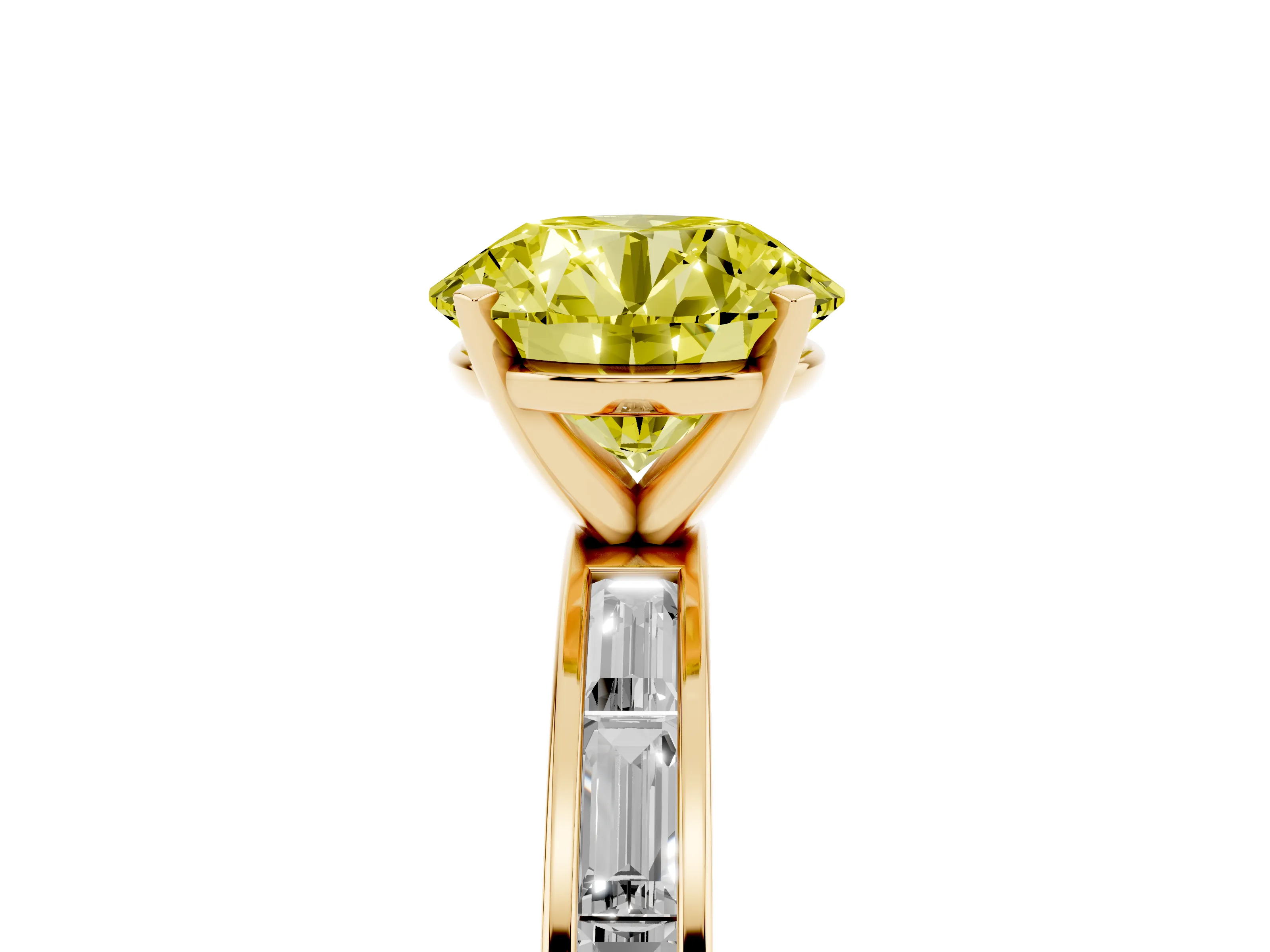 Fancy Yellow Round Cut Diamond Solitaire Ring Set in Yellow gold with Channel-Set Baguette Band and Prong Setting