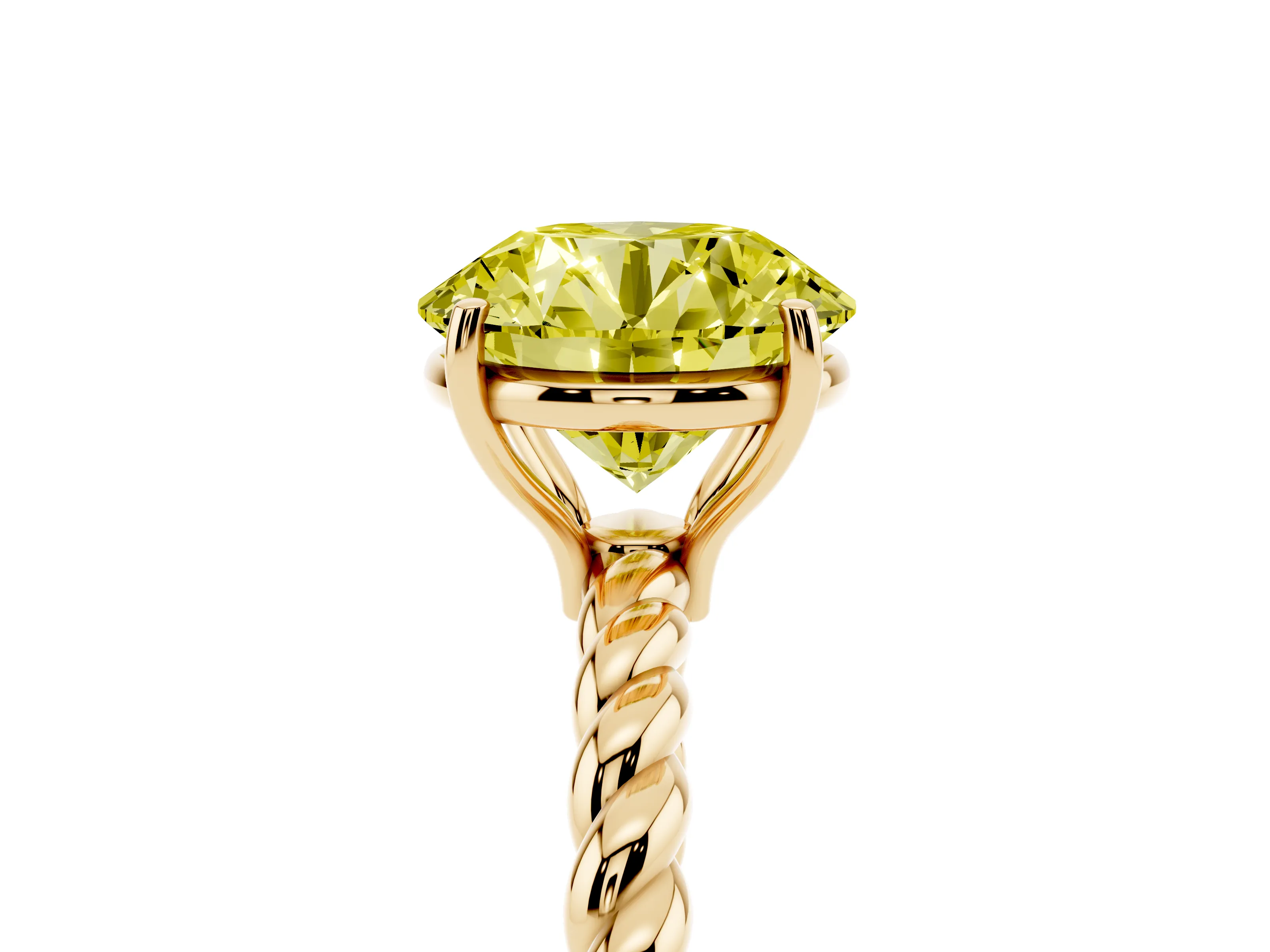 Fancy Yellow Round Cut Diamond Solitaire Ring Set in Yellow gold with Twist Band and Prong Setting