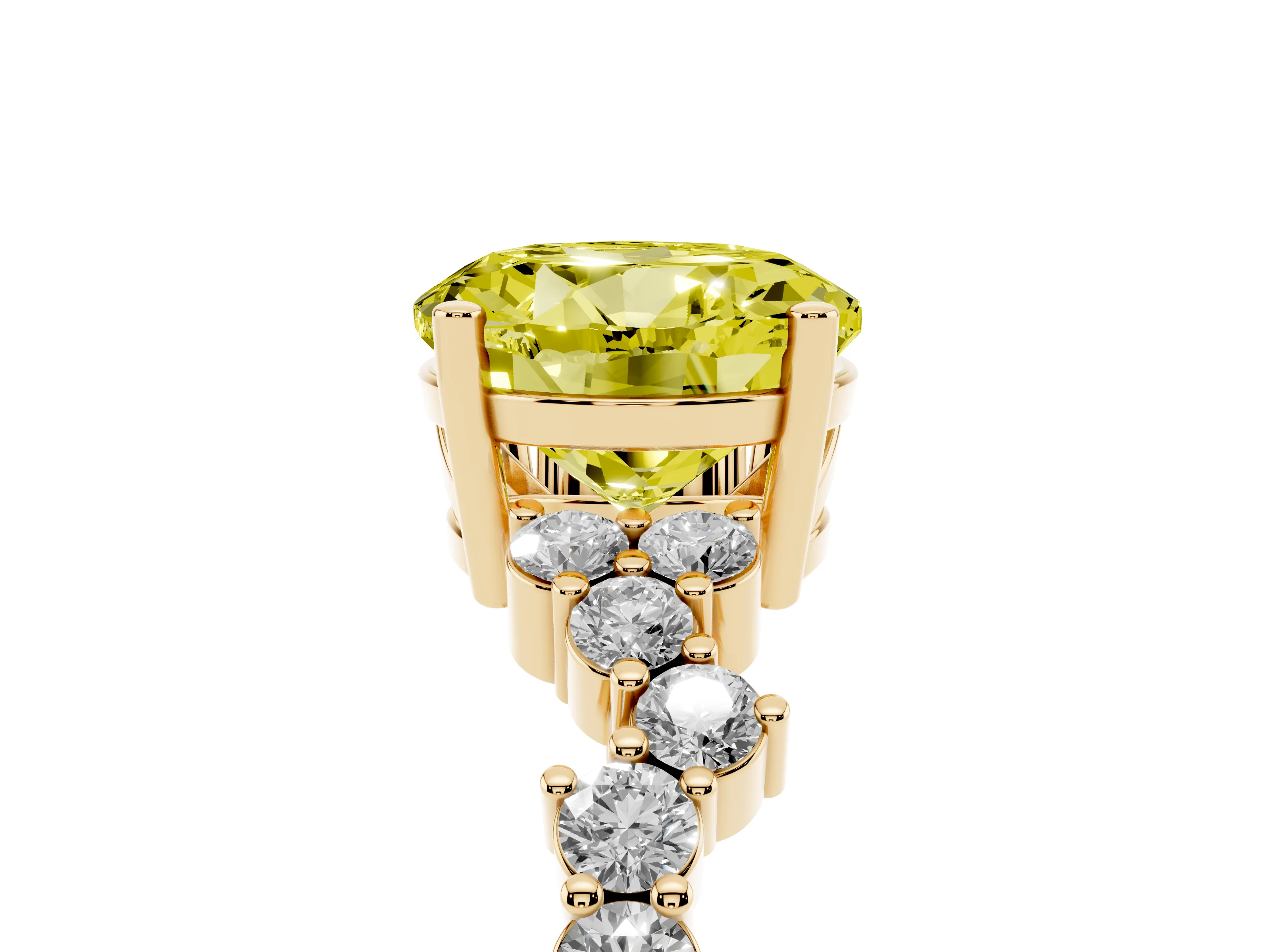 Fancy Yellow Round Cut Diamond Ring Set in Yellow gold with Scattered Round Accents