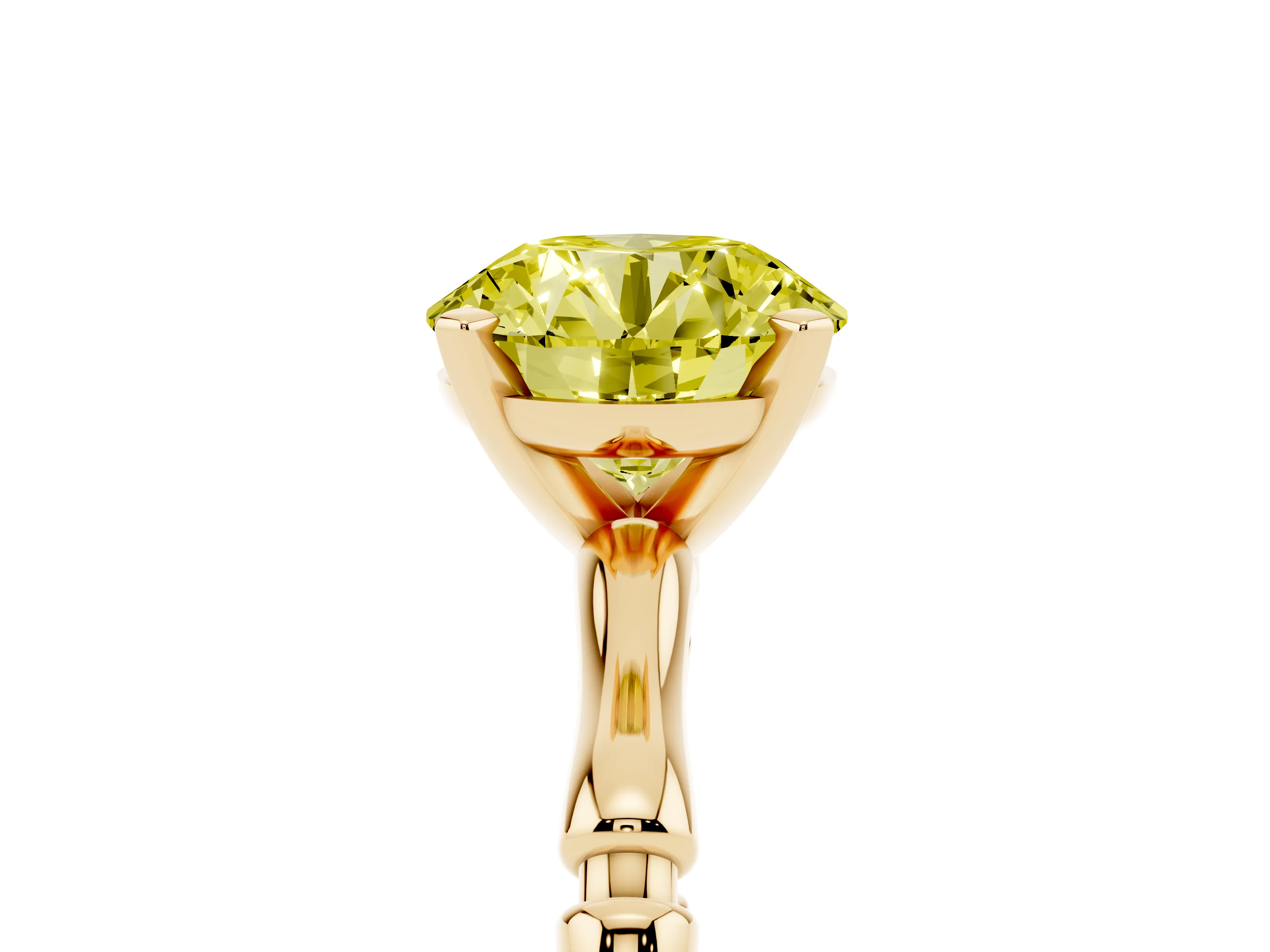 Fancy Yellow Round Cut Diamond Solitaire Ring Set in Yellow gold with Bamboo Band and Prong Setting
