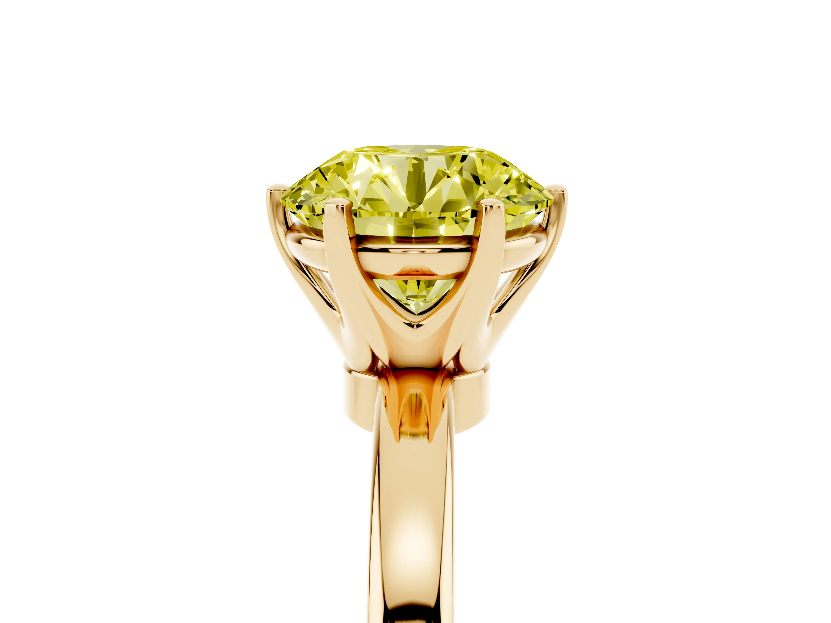 Fancy Yellow Round Cut Diamond Solitaire Ring Set in Yellow gold with Raised Prong Setting on a Classic Band