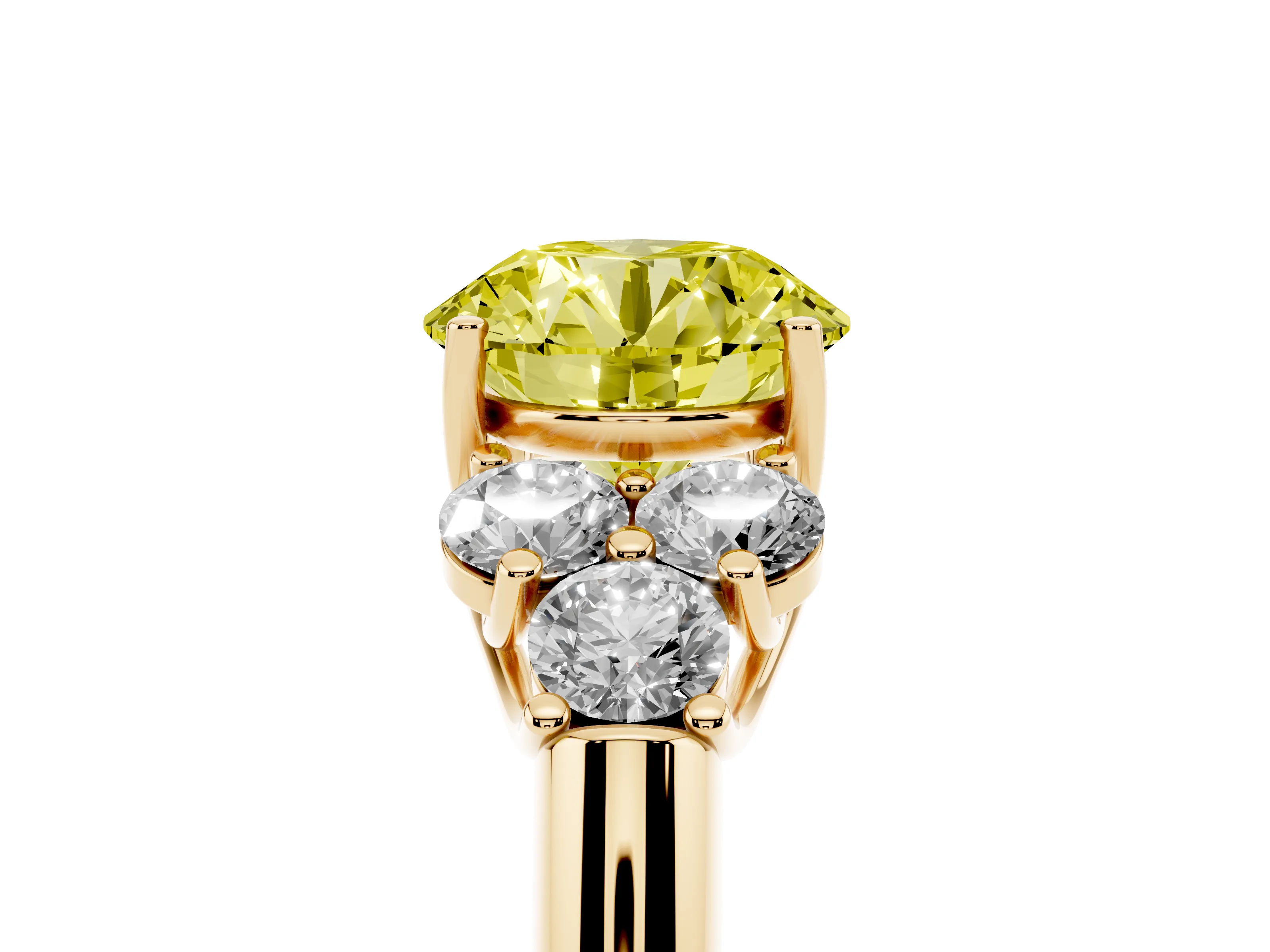 Fancy Yellow Round Cut Diamond Cluster Ring Set in Yellow gold with Round Accent Stones and Prong Setting on a Plain Band
