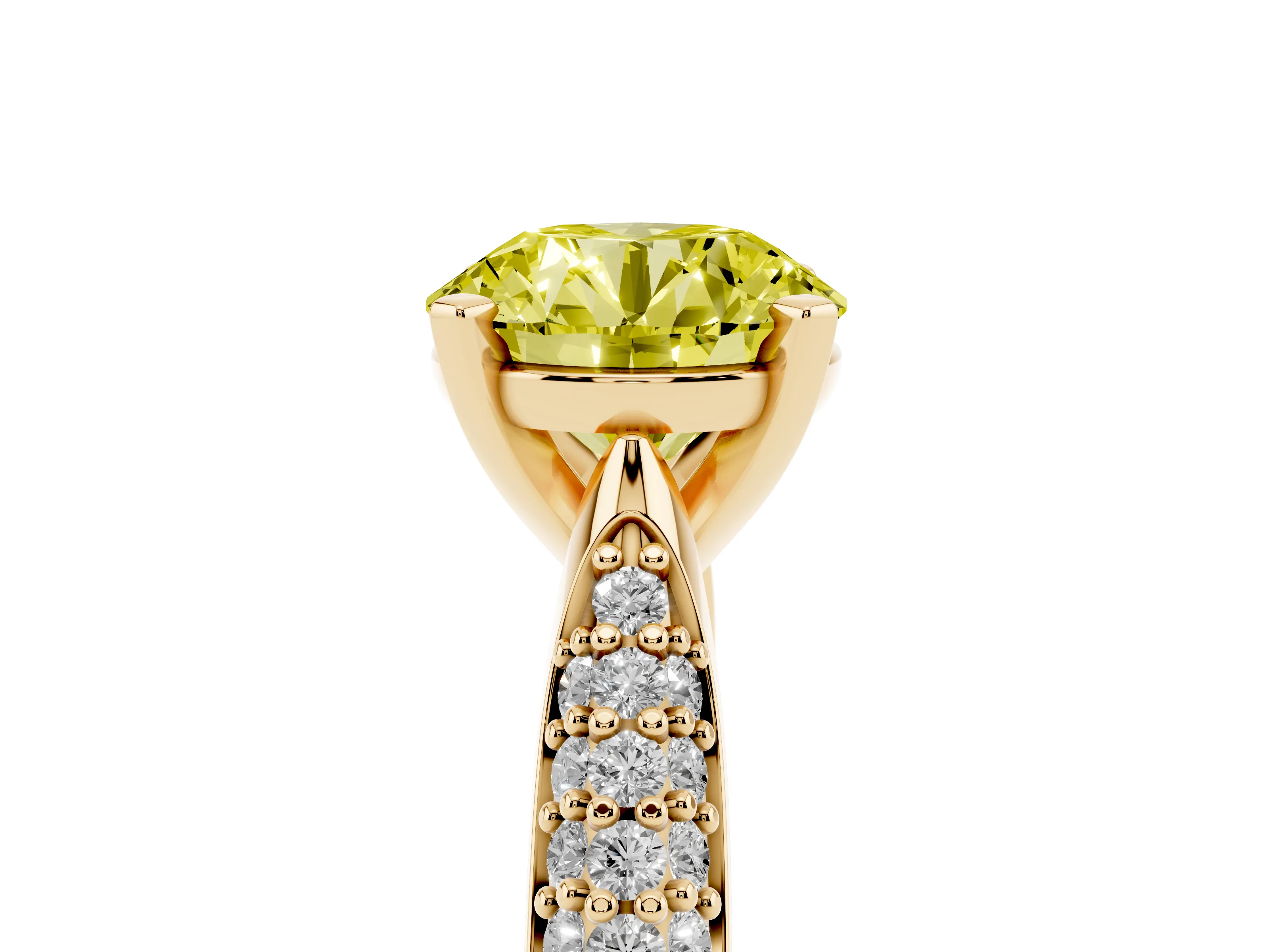 Fancy Yellow Round Cut Diamond Solitaire Engagement Ring Set in Yellow gold with Multi-Row Round Pavé Band and Prong Setting