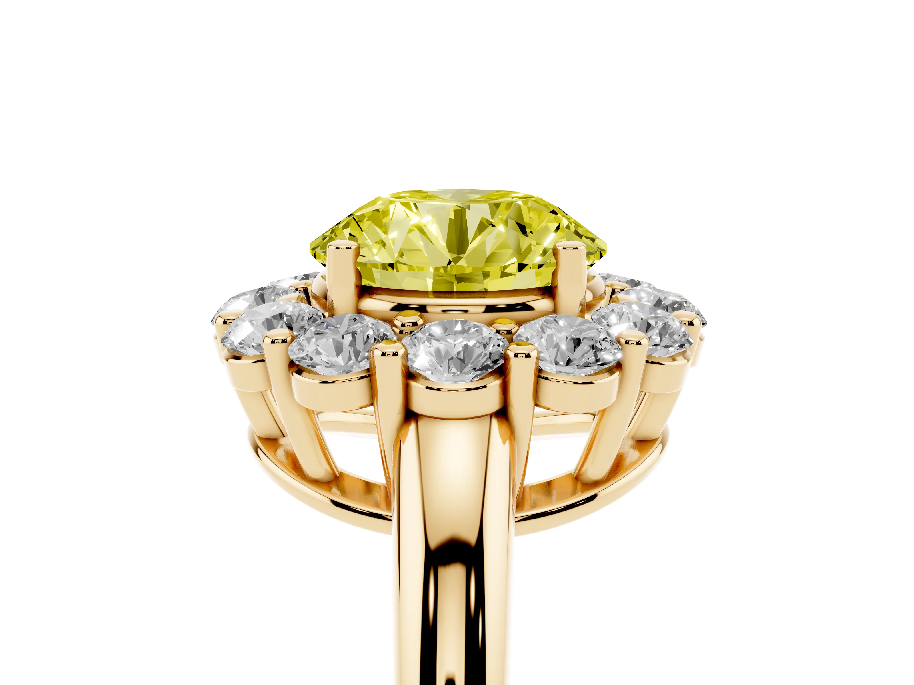 Fancy Yellow Round Cut Diamond Halo Cluster Engagement Ring Set in Yellow gold with Polished Band and Prong Setting