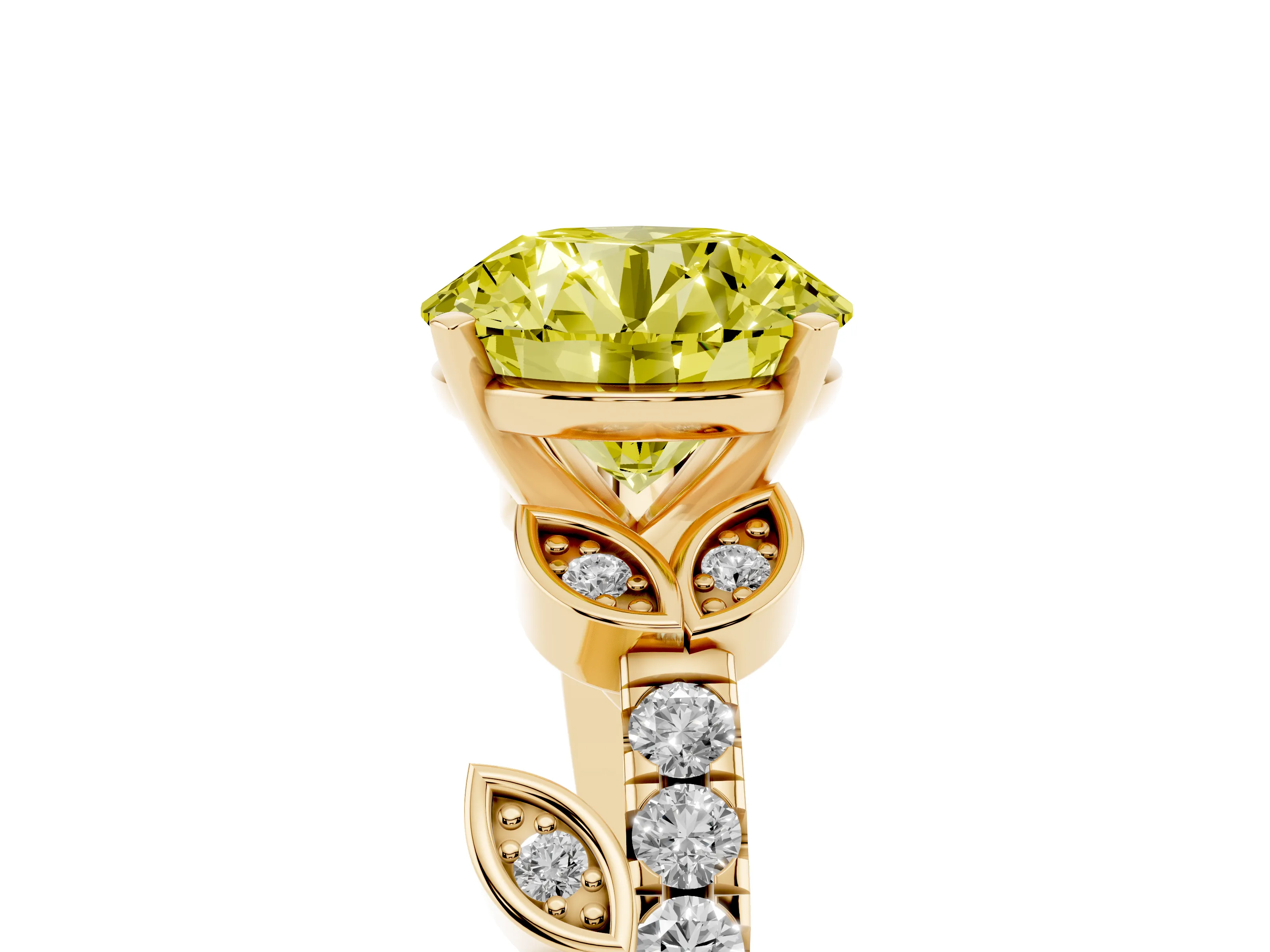 Fancy Yellow Round Cut Diamond Solitaire Leaf-Inspired Ring Set in Yellow gold with Pavé Band and Prong Setting