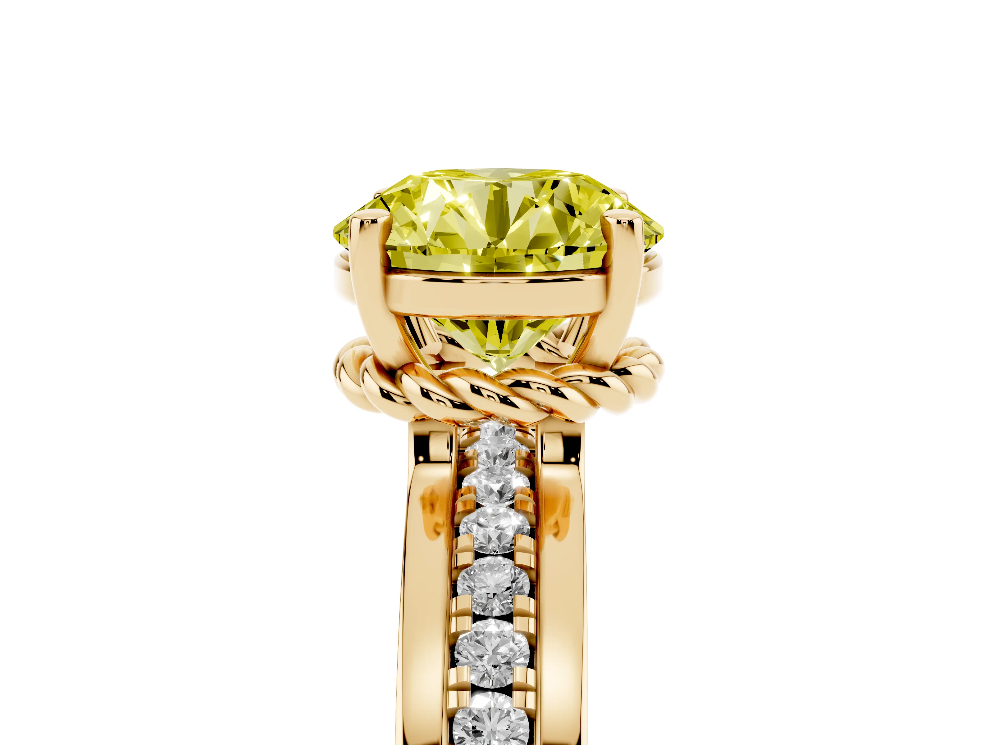 Fancy Yellow Round Cut Diamond Solitaire Ring Set in Yellow gold with Channel Set Band and Prong Setting