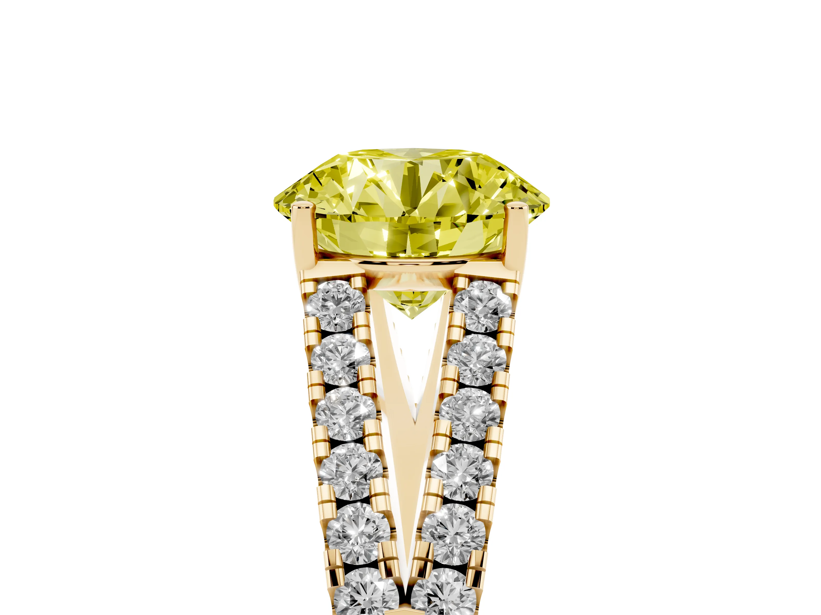 Fancy Yellow Round Cut Diamond Split Shank Pavé Engagement Ring Set in Yellow gold with Prong-Held Center Stone