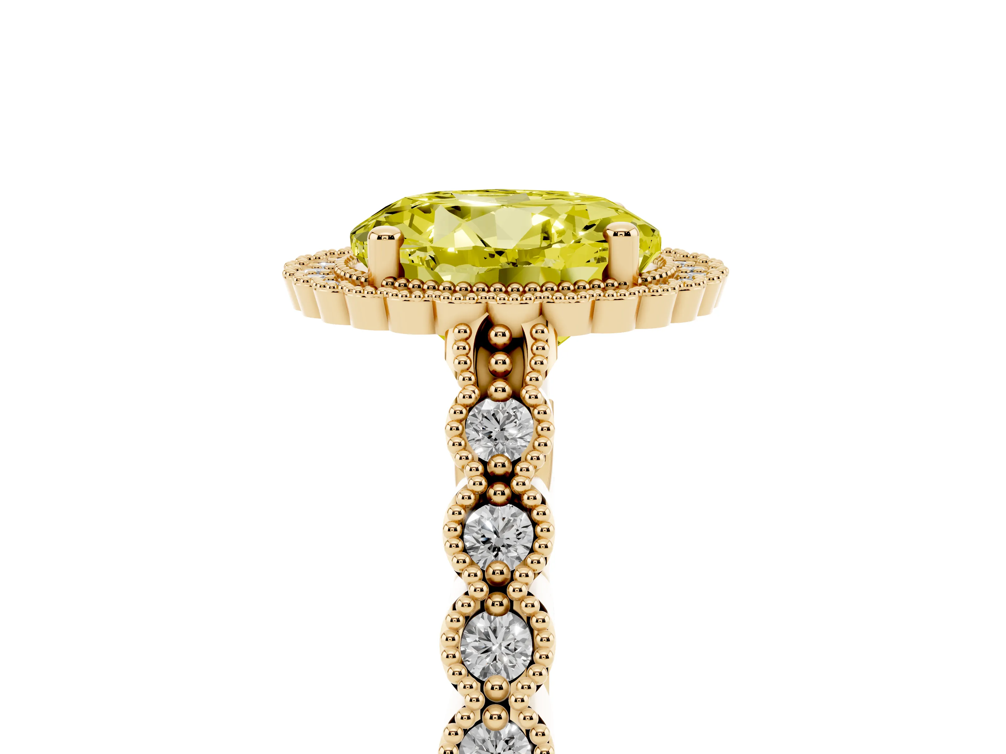 Fancy Yellow Round Cut Diamond Halo Ring Set in Yellow gold with Pavé Milgrain Band