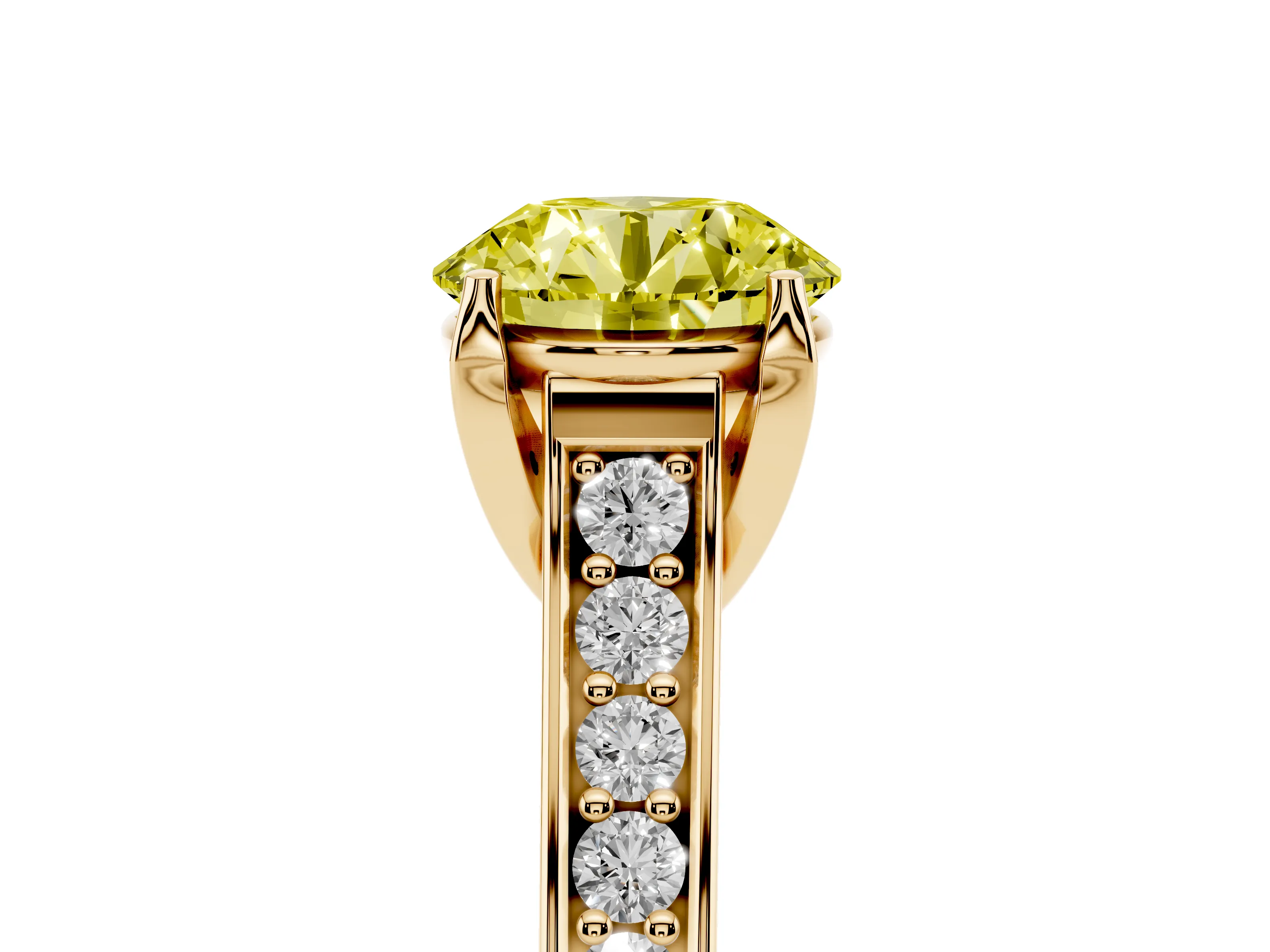 Fancy Yellow Round Cut Diamond Solitaire Pavé Engagement Ring Set in Yellow gold with Prong Setting