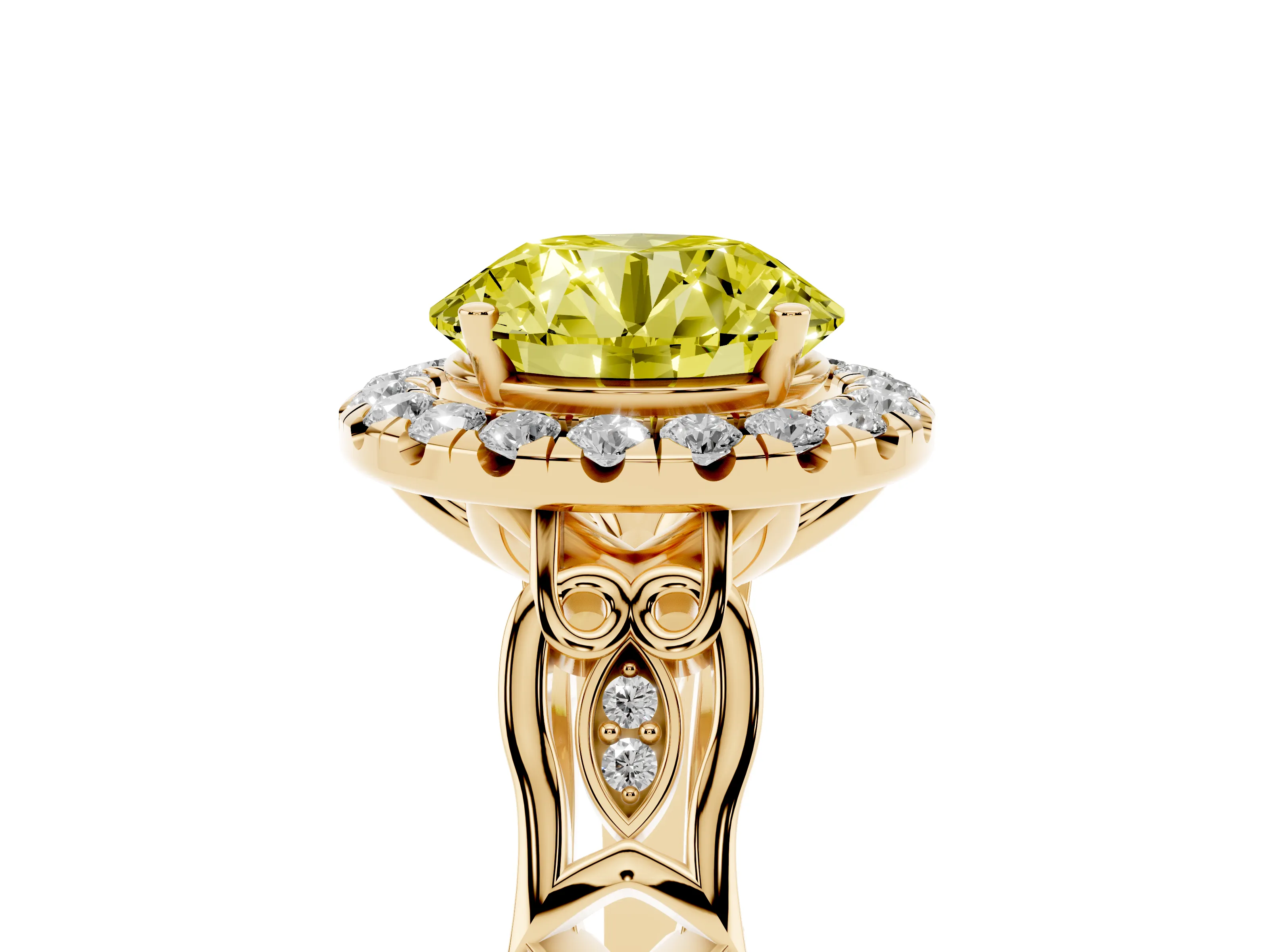 Fancy Yellow Round Cut Diamond Halo Engagement Ring Set in Yellow gold with Filigree Band and Prong-Set Center