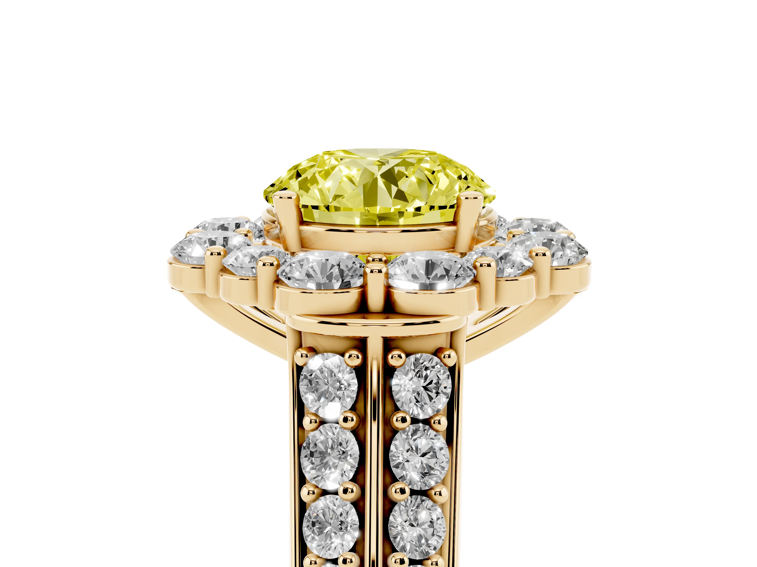 Fancy Yellow Round Cut Diamond Halo Engagement Ring Set in Yellow gold with Split Shank and Prong Setting