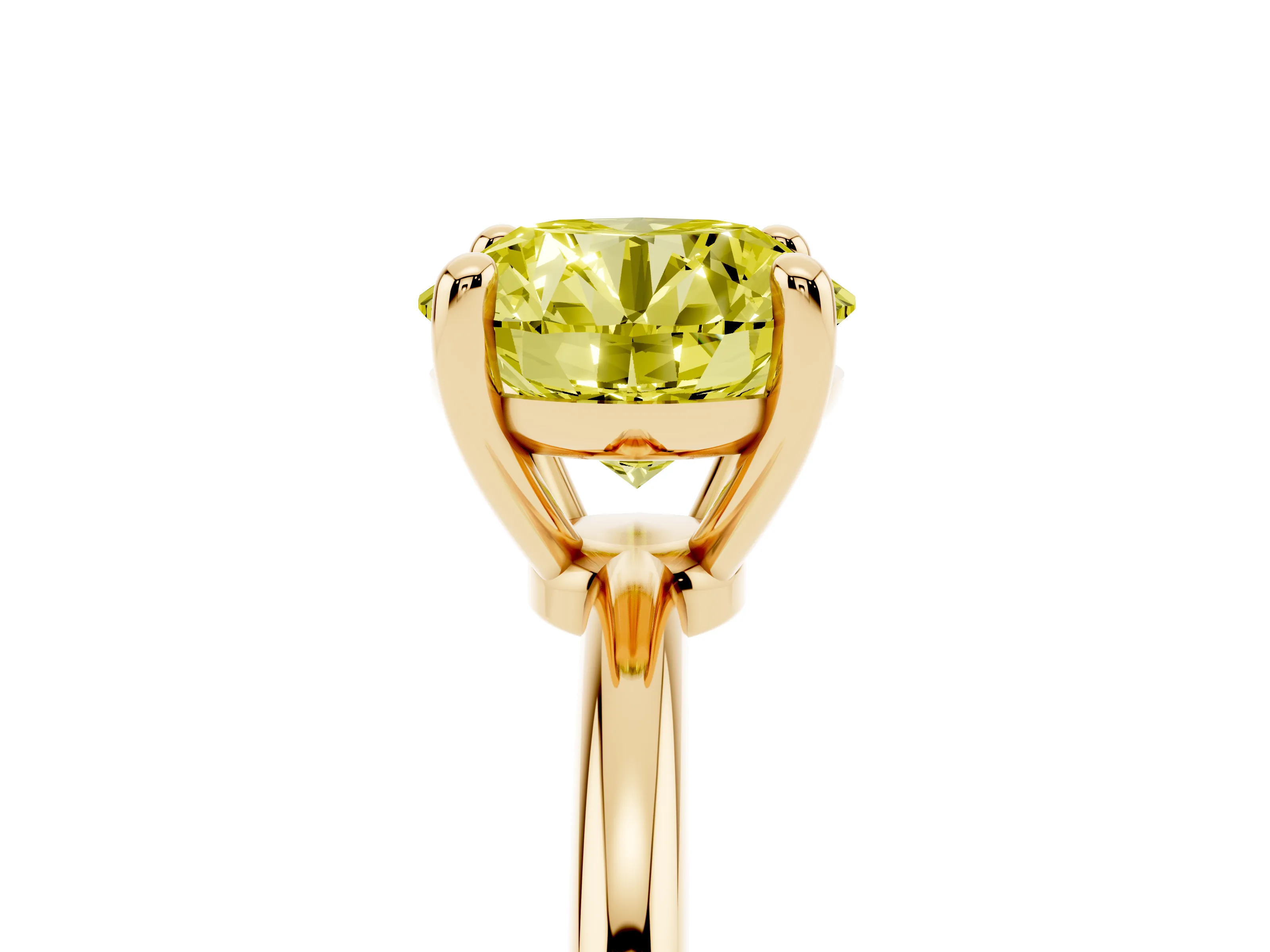 Fancy Yellow Round Cut Diamond Solitaire Ring Set in Yellow gold with Secure Prong Setting on a Classic Band