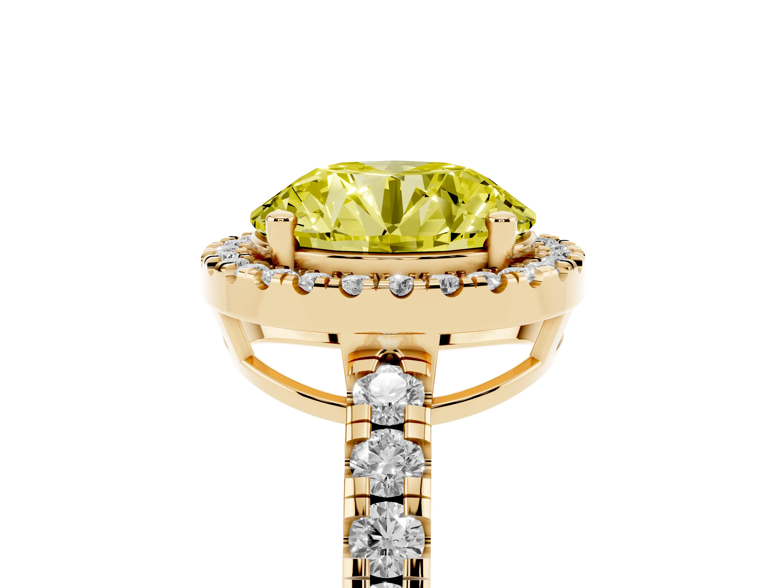 Fancy Yellow Round Cut Diamond Halo Ring Set in Yellow gold with Delicate Pavé Band and Prong Setting