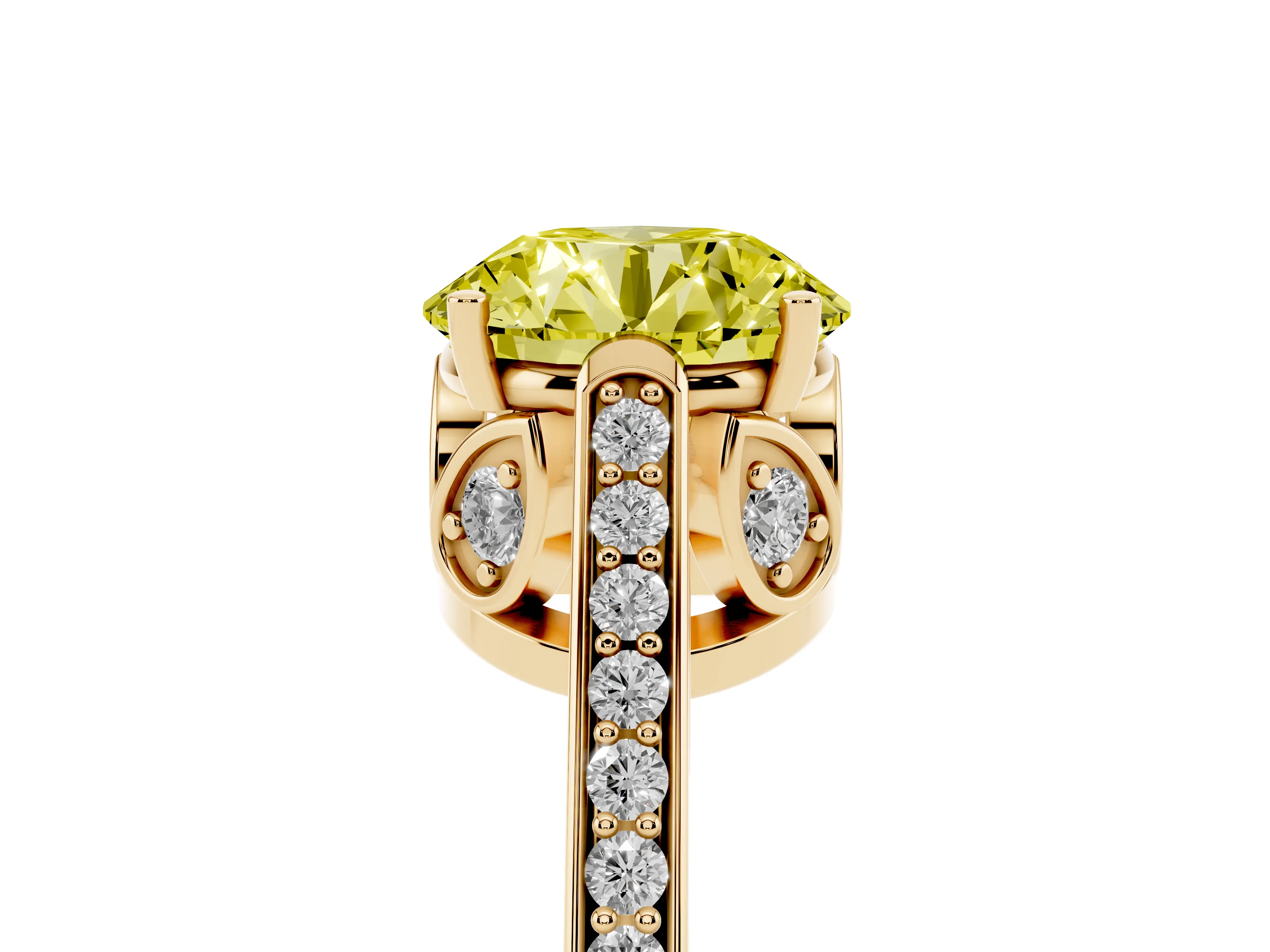 Fancy Yellow Round Cut Diamond Cathedral Pavé Engagement Ring Set in Yellow gold with Prong Setting