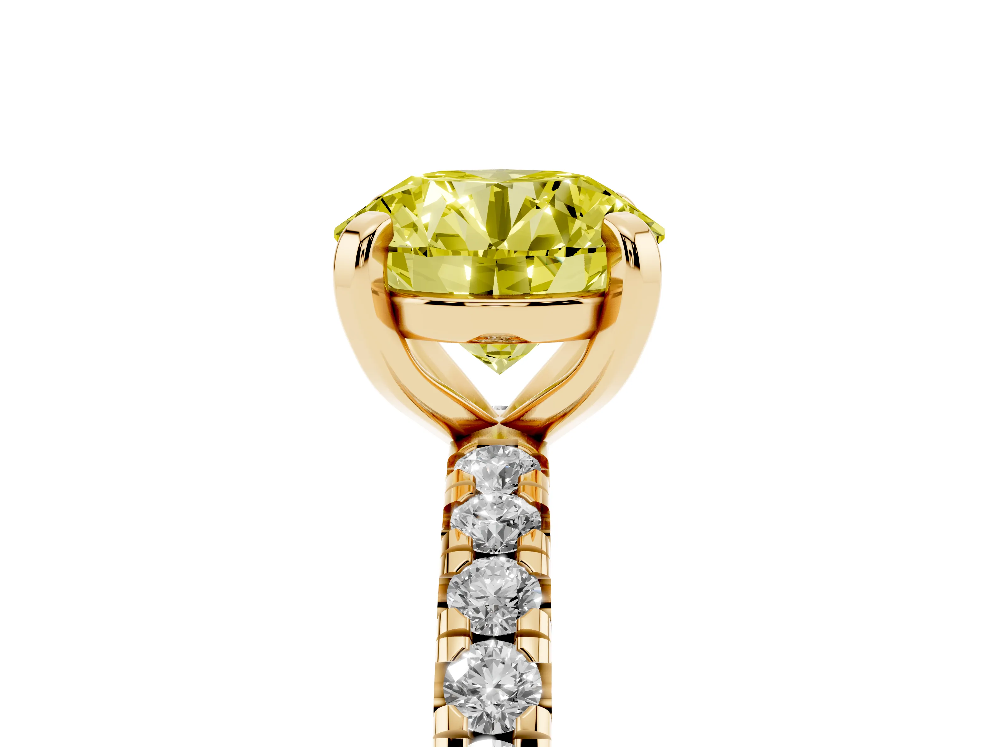 Fancy Yellow Round Cut Diamond Pavé Solitaire Ring Set in Yellow gold with Round Band and Prong Setting