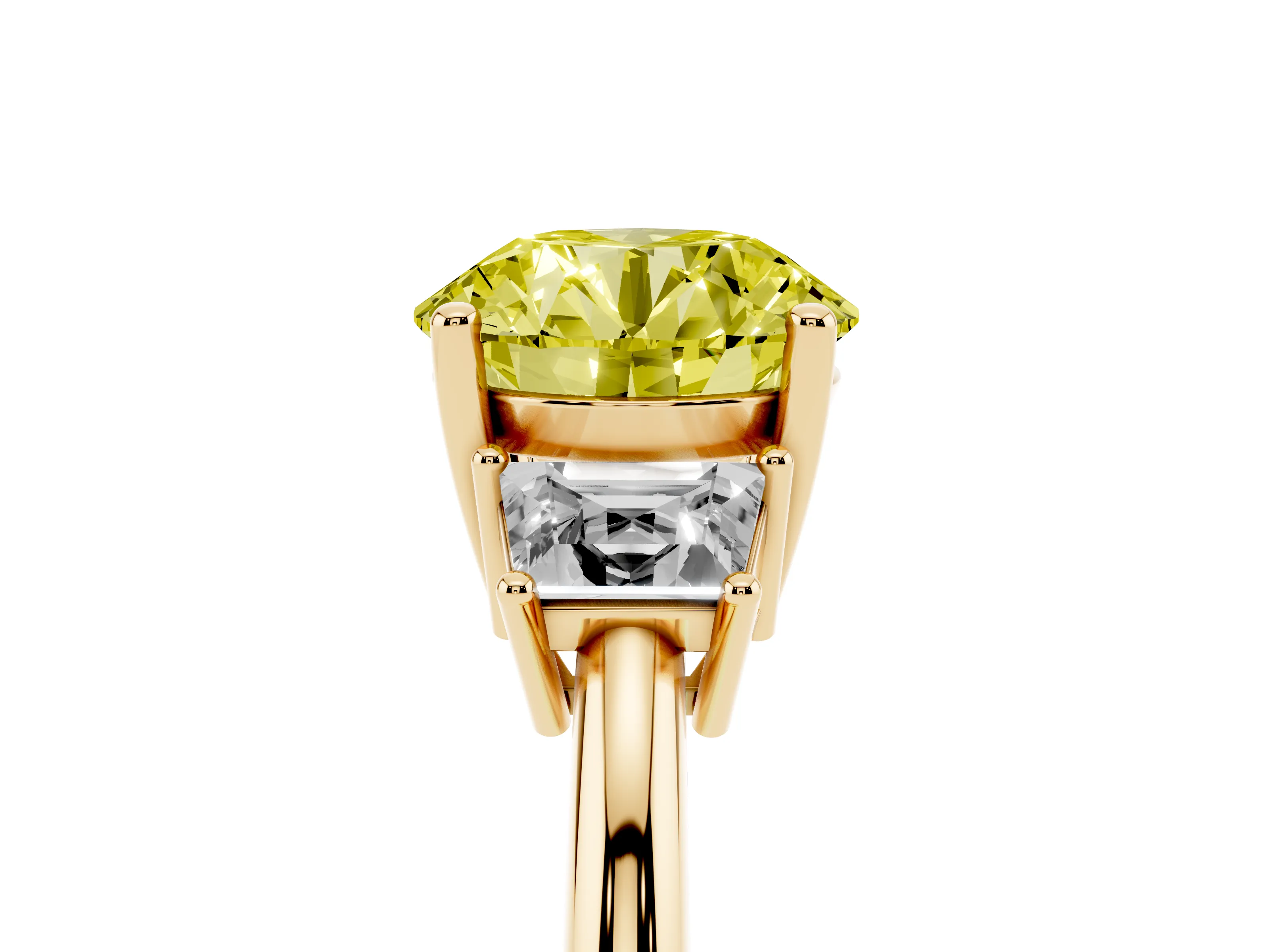 Fancy Yellow Round Cut Diamond Three-Stone Ring Set in Yellow gold with Trapezoid Side Stones and Prong Setting