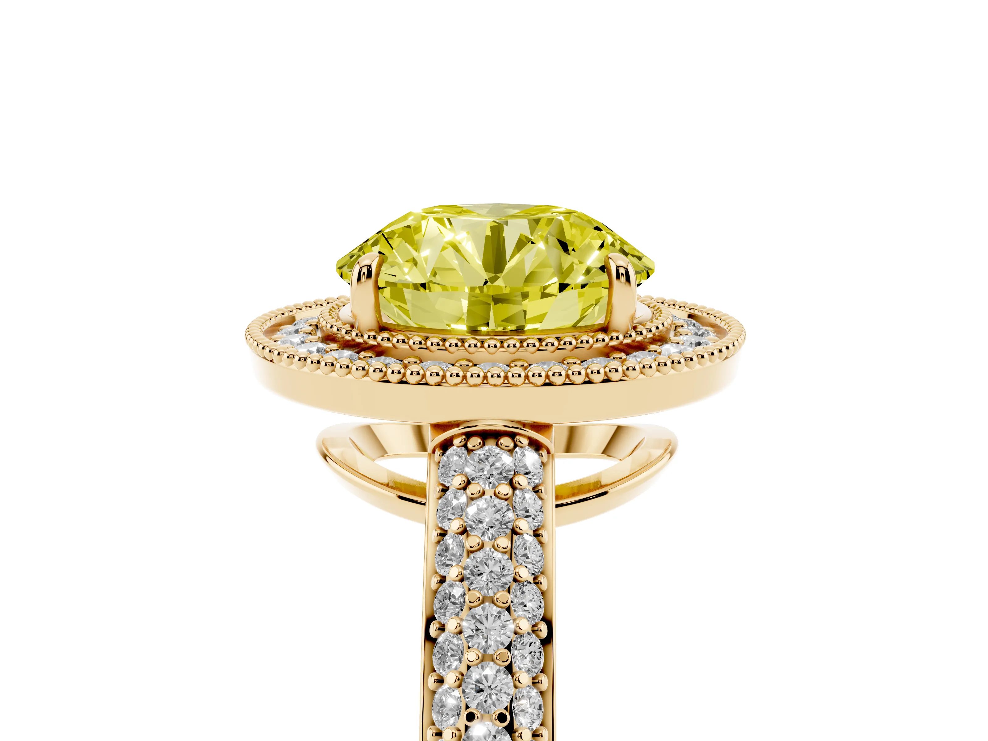 Fancy Yellow Round Cut Diamond Halo Pavé Band Set in Yellow gold with Prong Setting