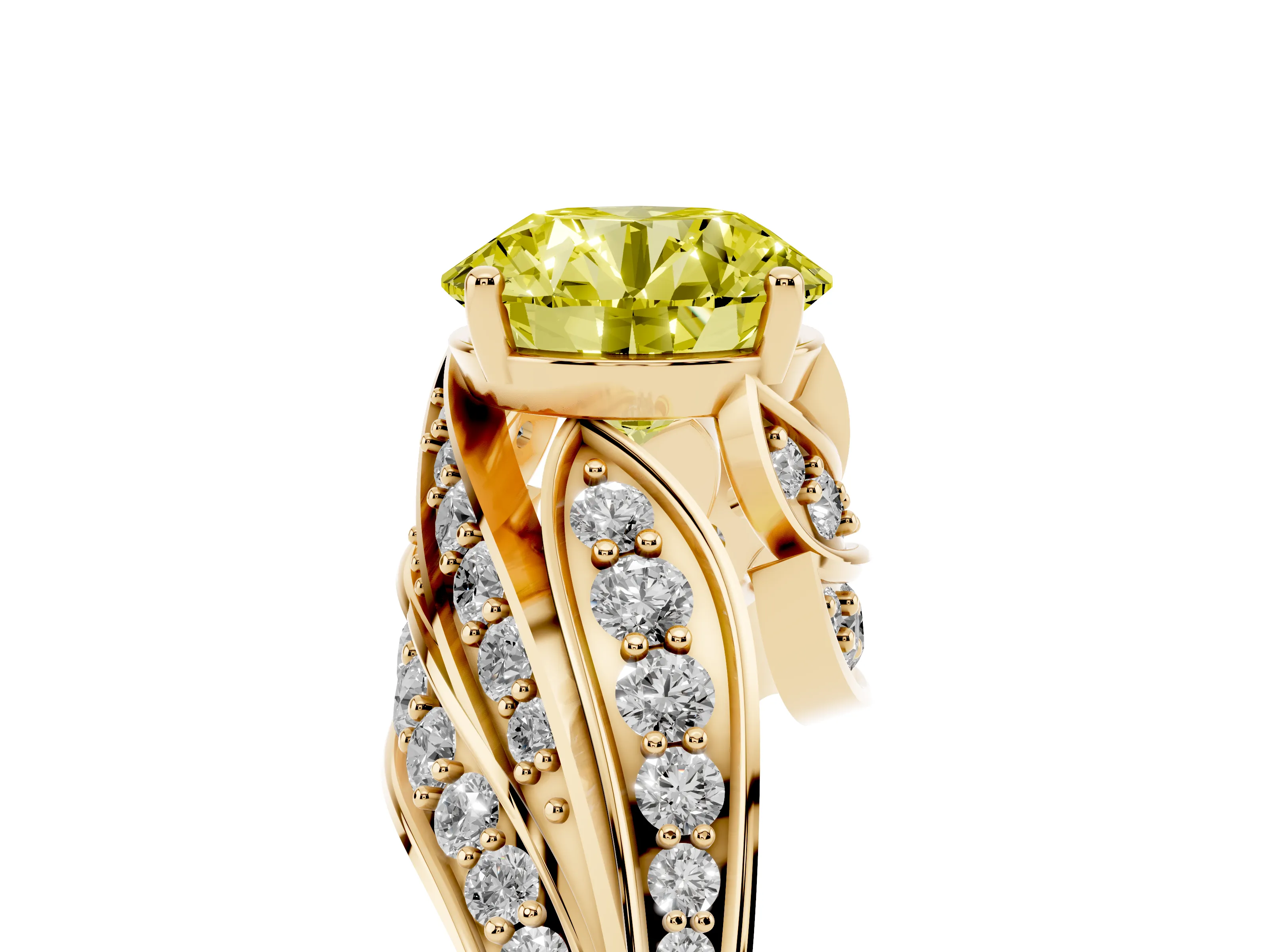 Fancy Yellow Round Cut Diamond Solitaire Ring Set in Yellow gold with Layered Twist Pavé Band