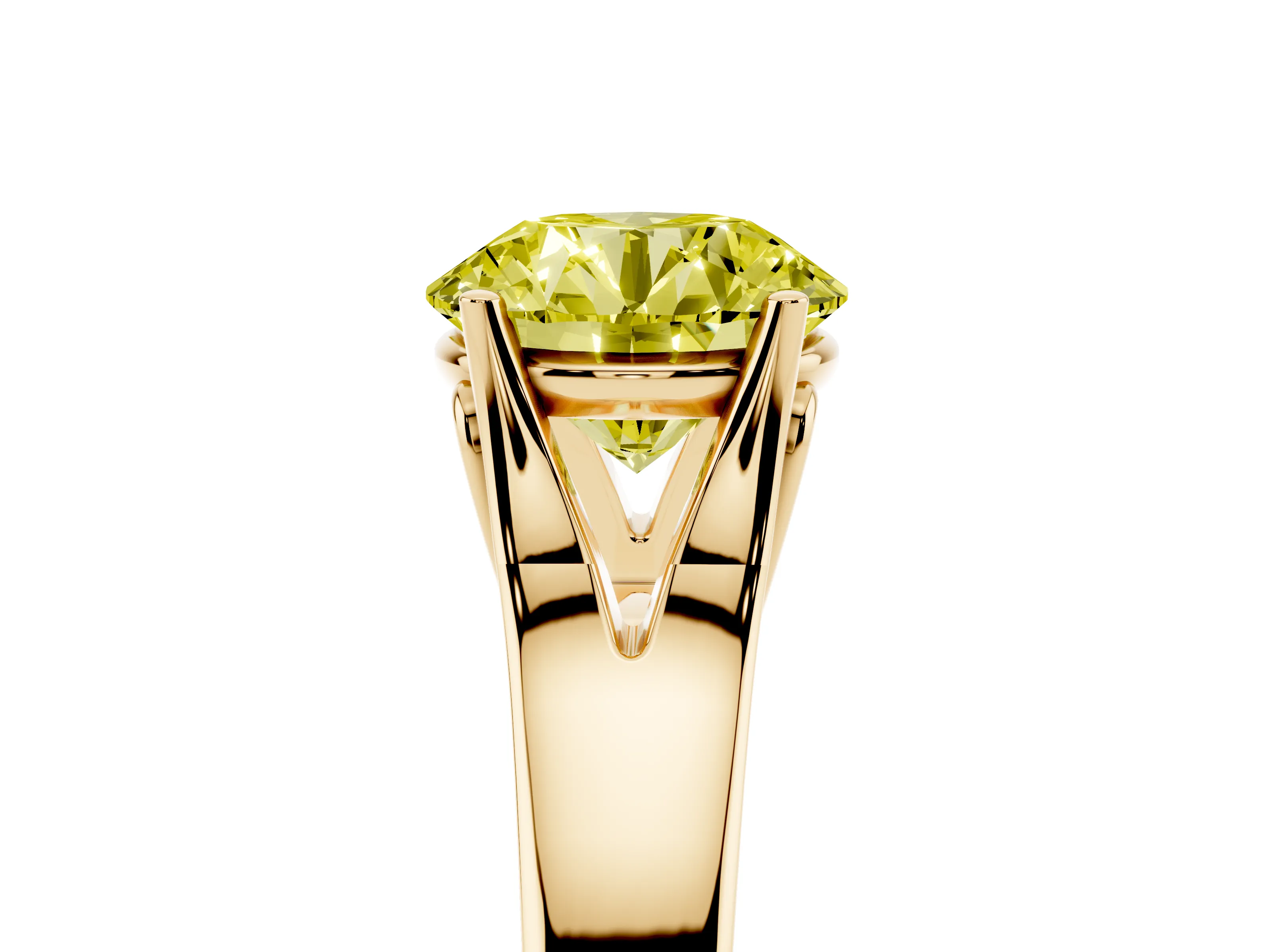 Fancy Yellow Round Cut Diamond Solitaire Ring Set in Yellow gold with Arched Cathedral Band and Prong Setting