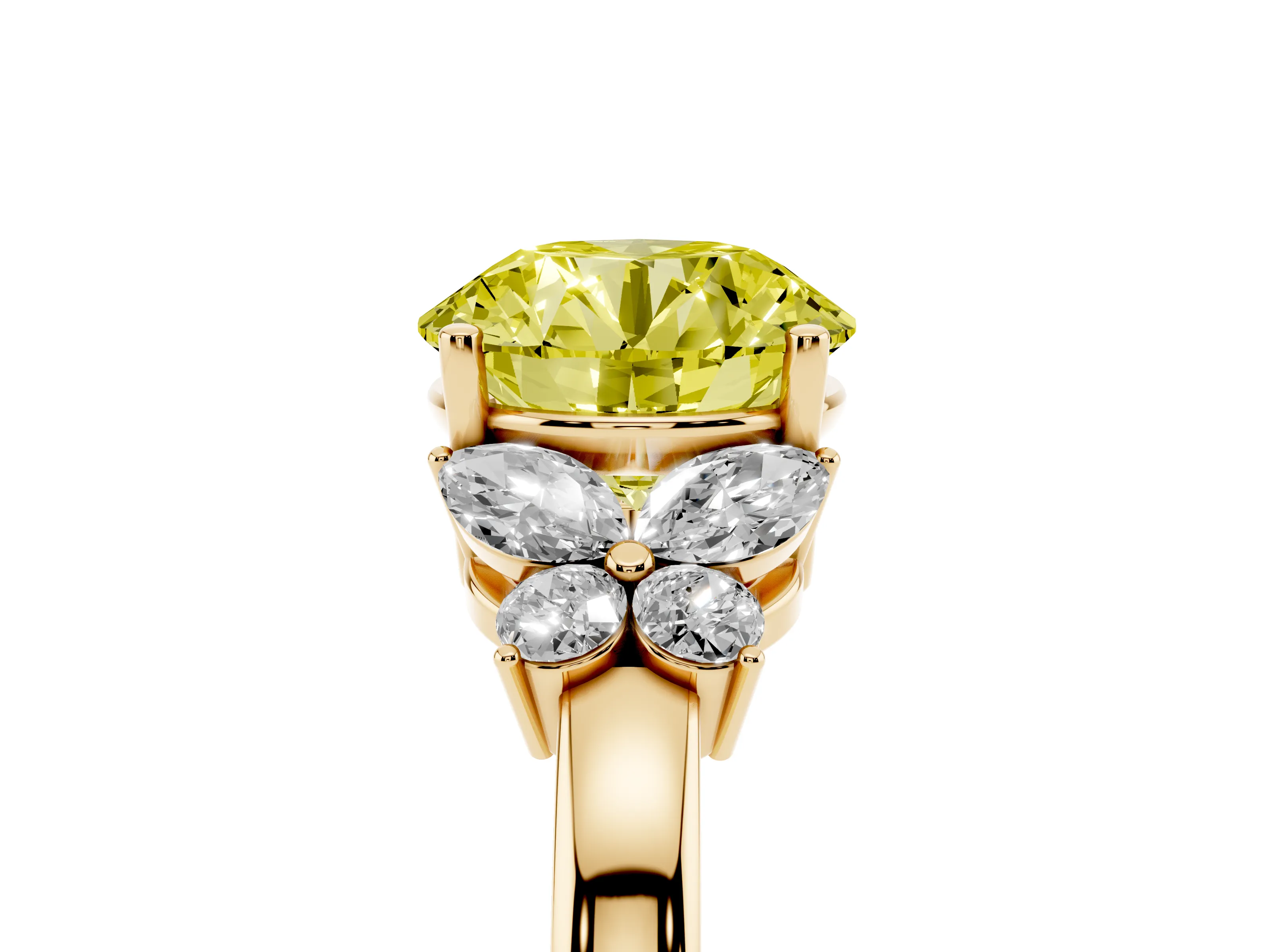 Fancy Yellow Round Cut Diamond Solitaire Floral Ring Set in Yellow gold with Marquise Petals and Prong Setting