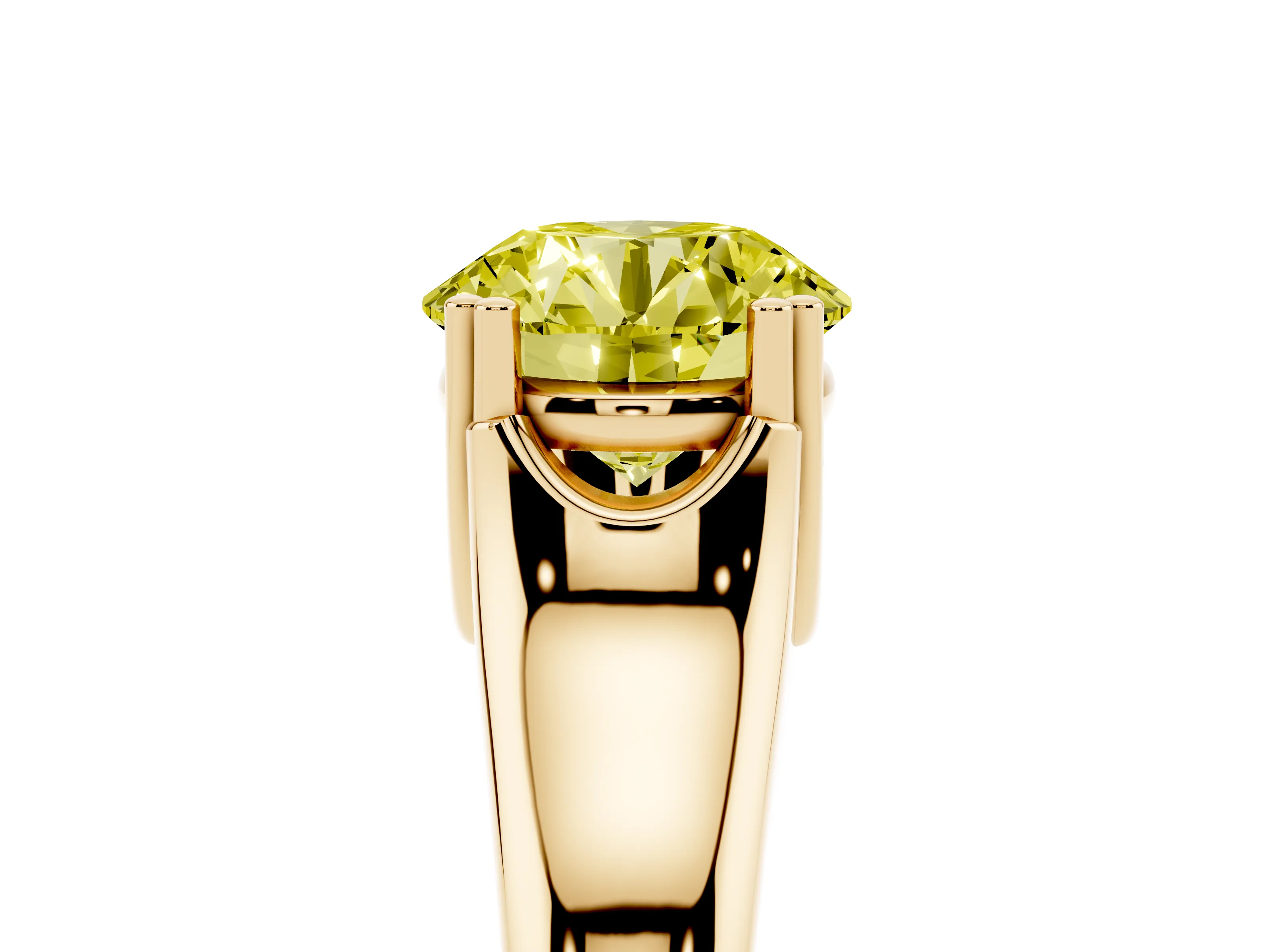 Fancy Yellow Round Cut Diamond Solitaire Ring Set in Yellow gold with Wide Band and Prong Setting