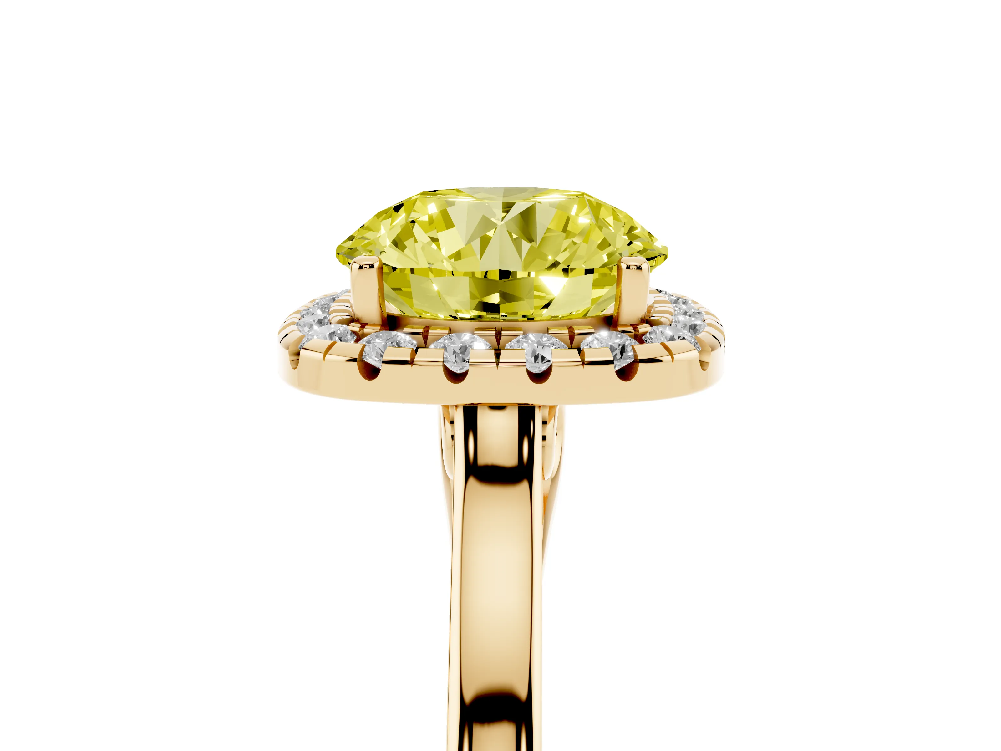 Fancy Yellow Round Cut Halo Round Diamond Solitaire Ring Set in Yellow gold with Pavé Band and Prong Setting