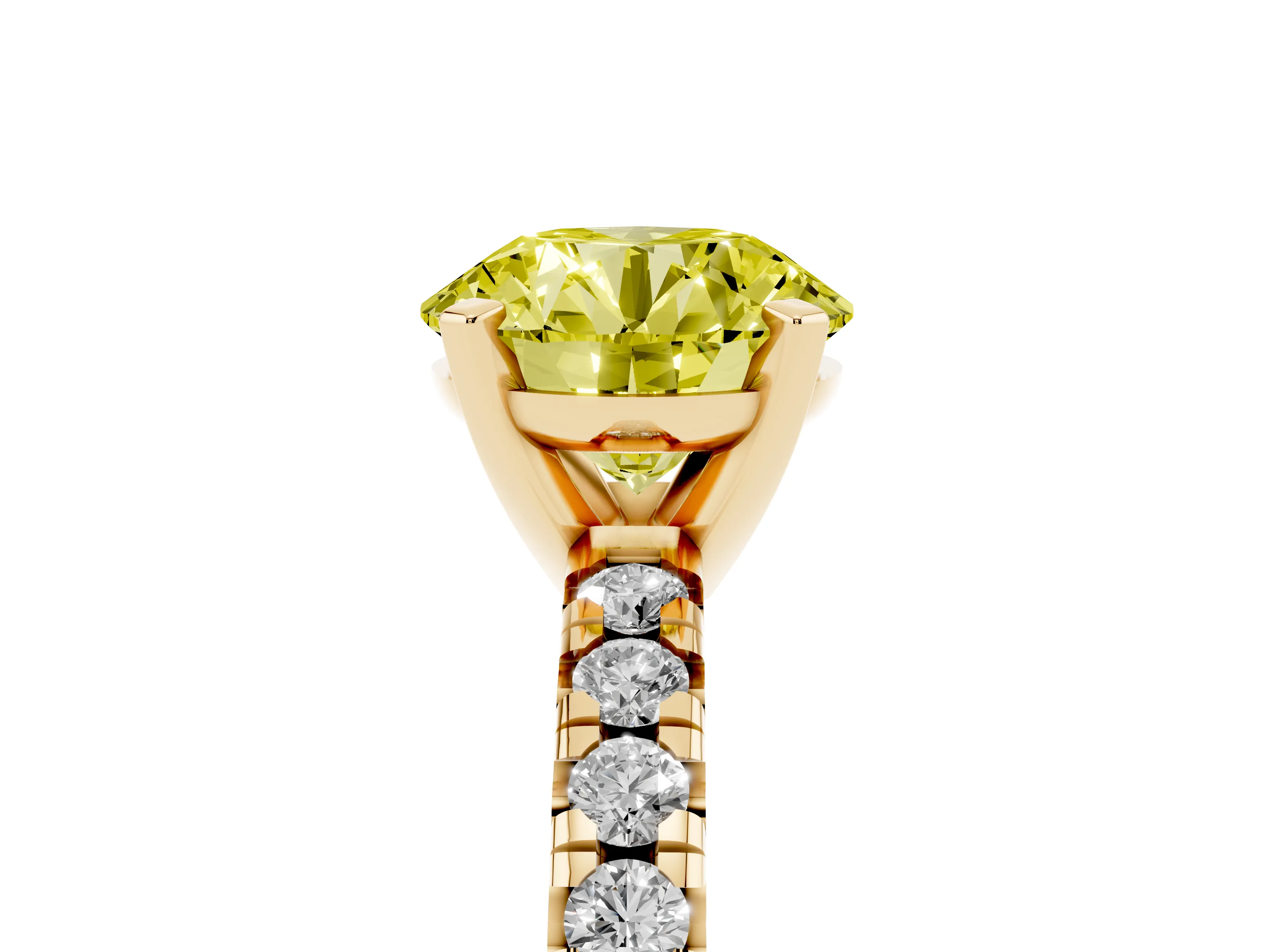 Fancy Yellow Round Cut Diamond Solitaire Pavé Engagement Ring Set in Yellow gold with Round Band and Prong Setting