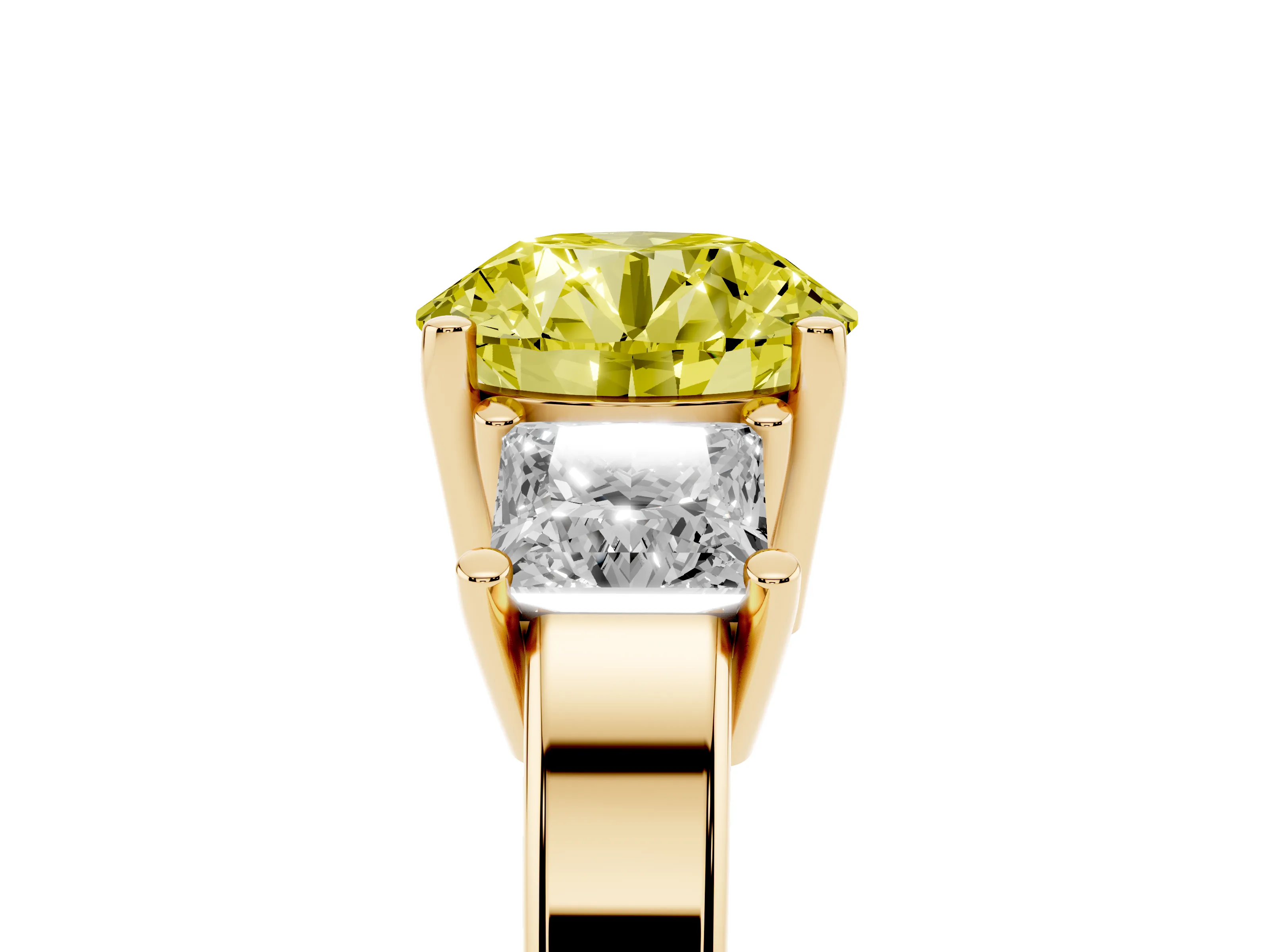 Fancy Yellow Three-Stone Round Cut Diamond Solitaire Ring Set in Yellow gold with Prong Setting