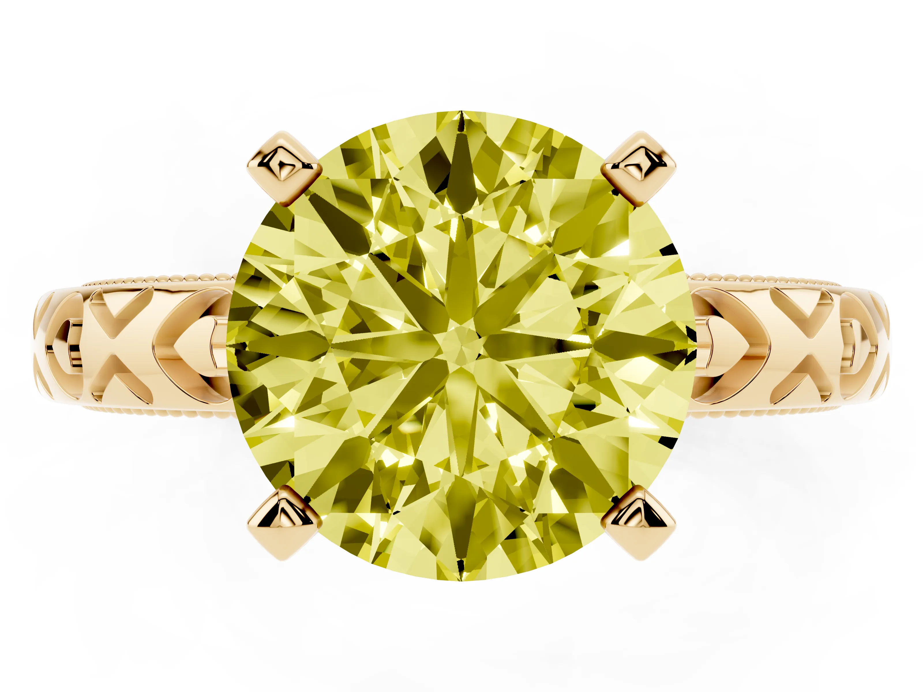 Fancy Yellow Round Cut Diamond Solitaire Engagement Ring Set in Yellow gold with XO Engraved Band and Prong Setting