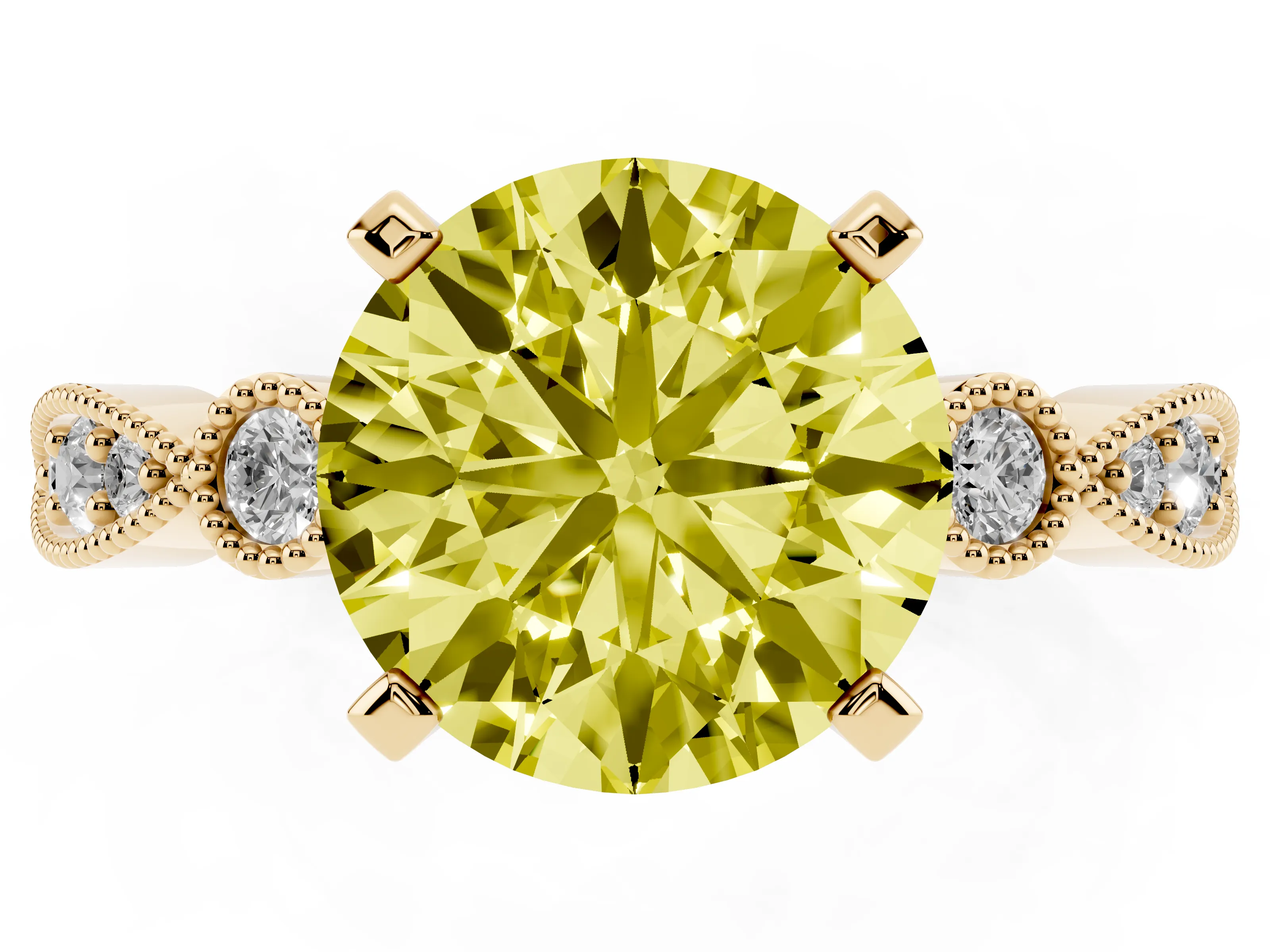 Fancy Yellow Round Cut Diamond Solitaire Engagement Ring Set in Yellow gold with Milgrain Bezel Accent Band