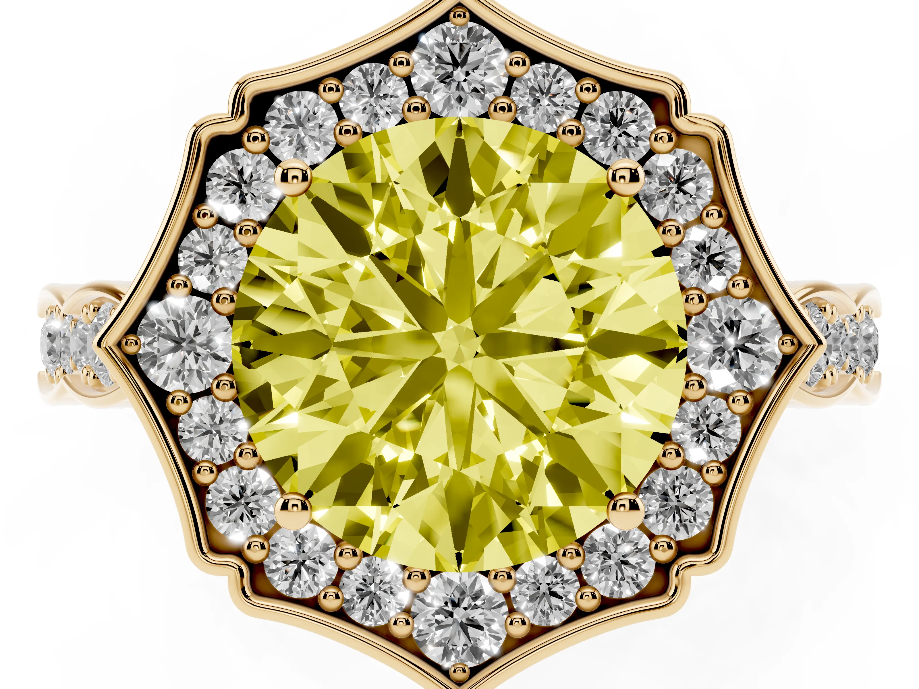Fancy Yellow Round Cut Diamond Halo Engagement Ring Set in Yellow gold with Milgrain Band and Prong Setting