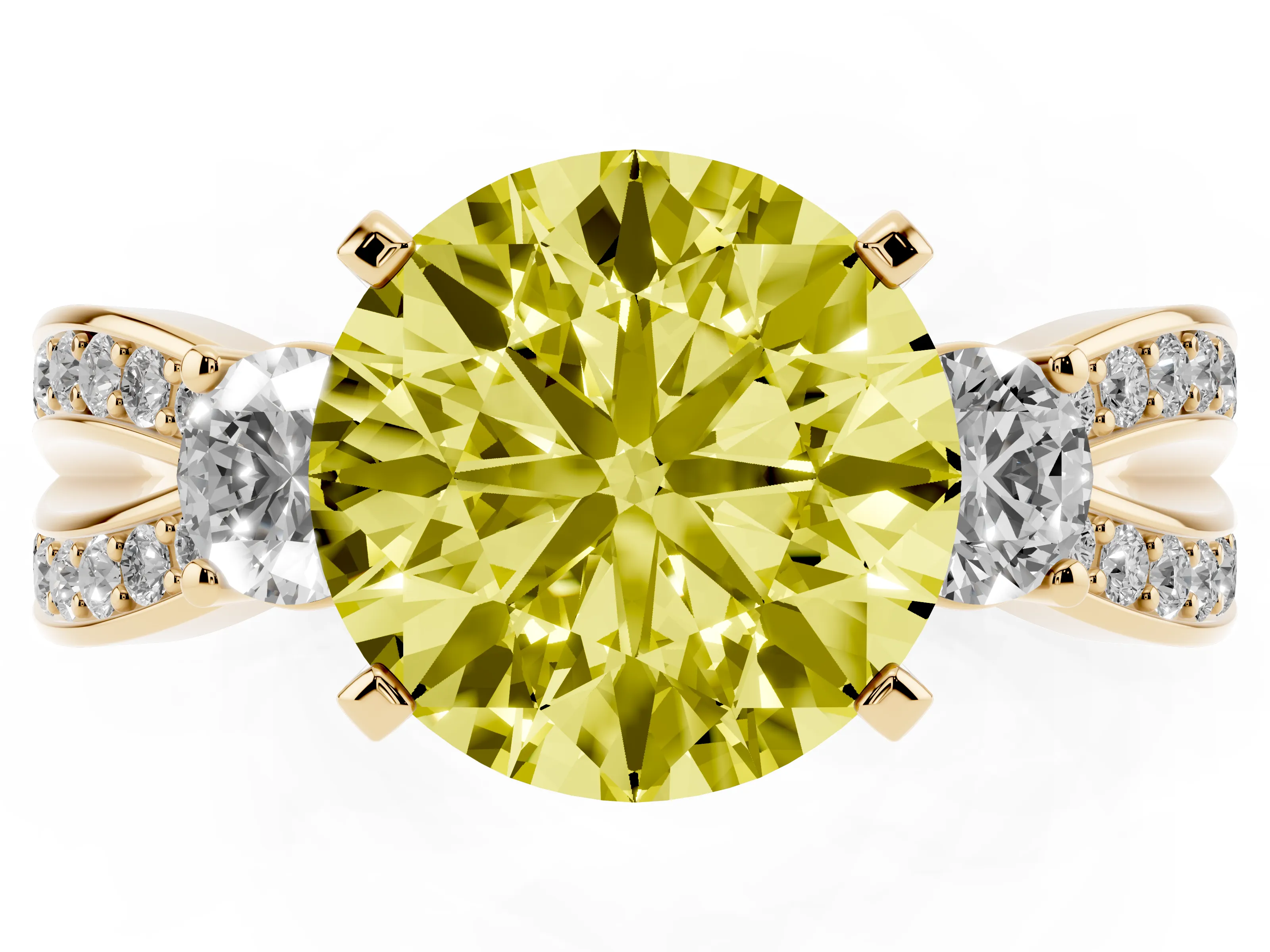 Fancy Yellow Three-Stone Round Cut Diamond Twist Band Ring Set in Yellow gold with Pavé Accents and Prong Setting