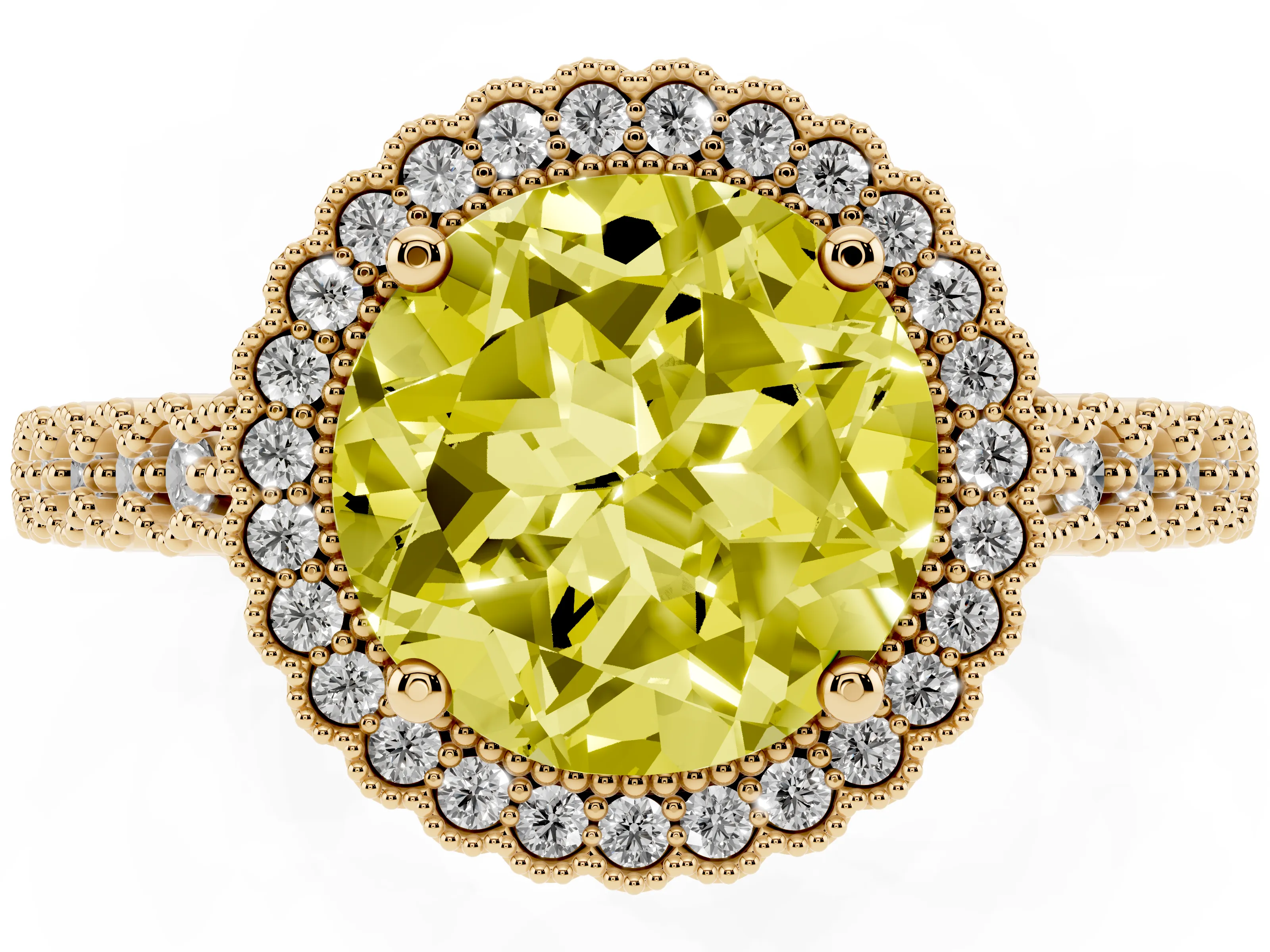 Fancy Yellow Round Cut Diamond Halo Ring Set in Yellow gold with Pavé Milgrain Band