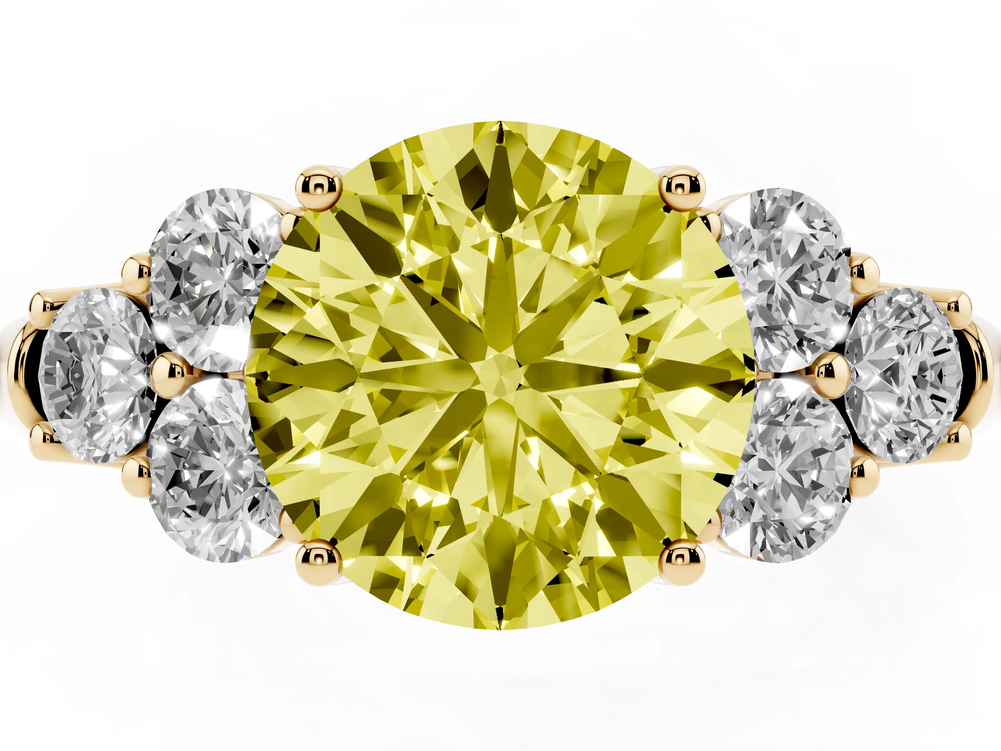 Fancy Yellow Round Cut Diamond Cluster Ring Set in Yellow gold with Round Accent Stones and Prong Setting on a Plain Band
