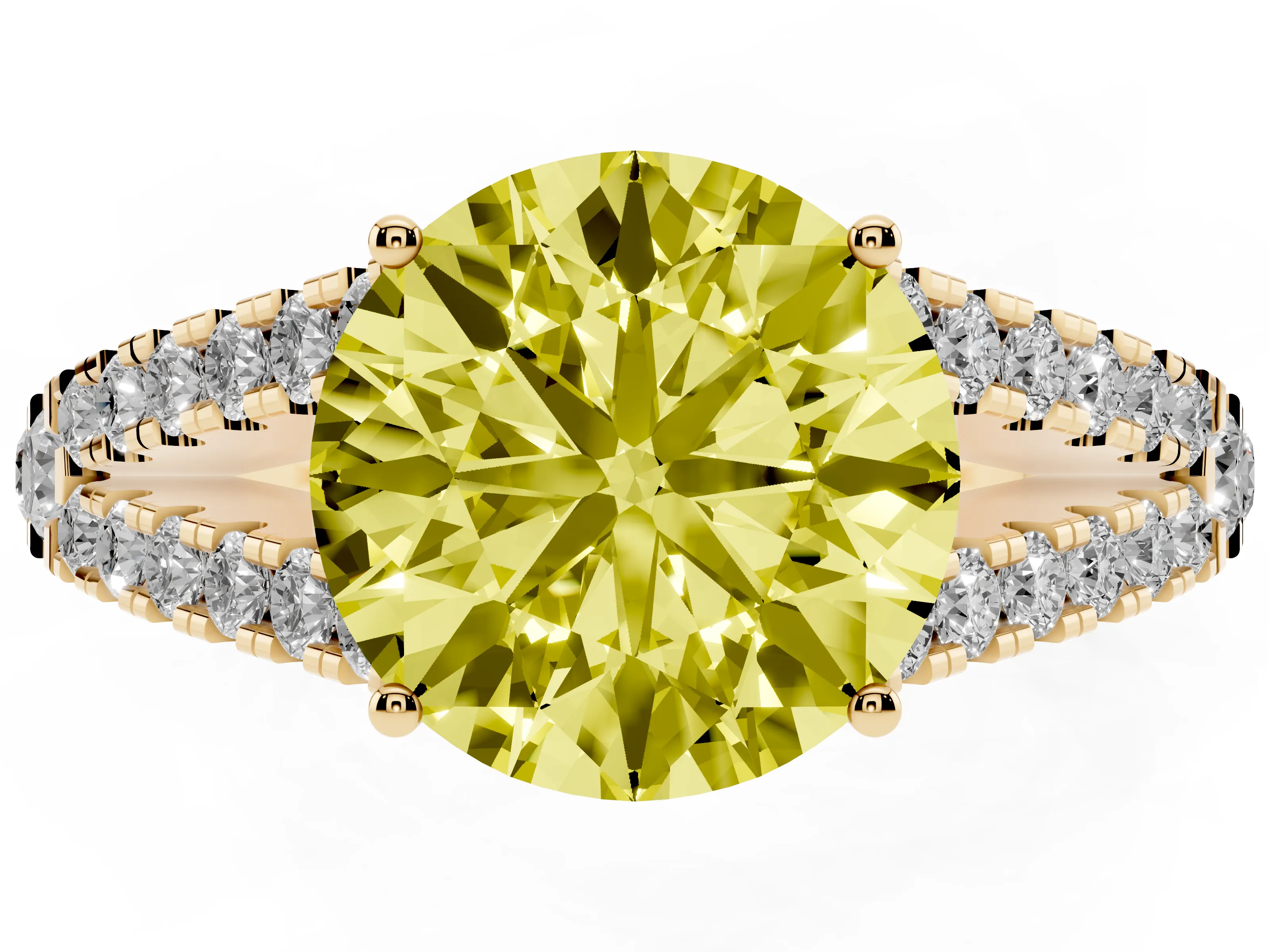 Fancy Yellow Round Cut Diamond Split Shank Pavé Engagement Ring Set in Yellow gold with Prong-Held Center Stone