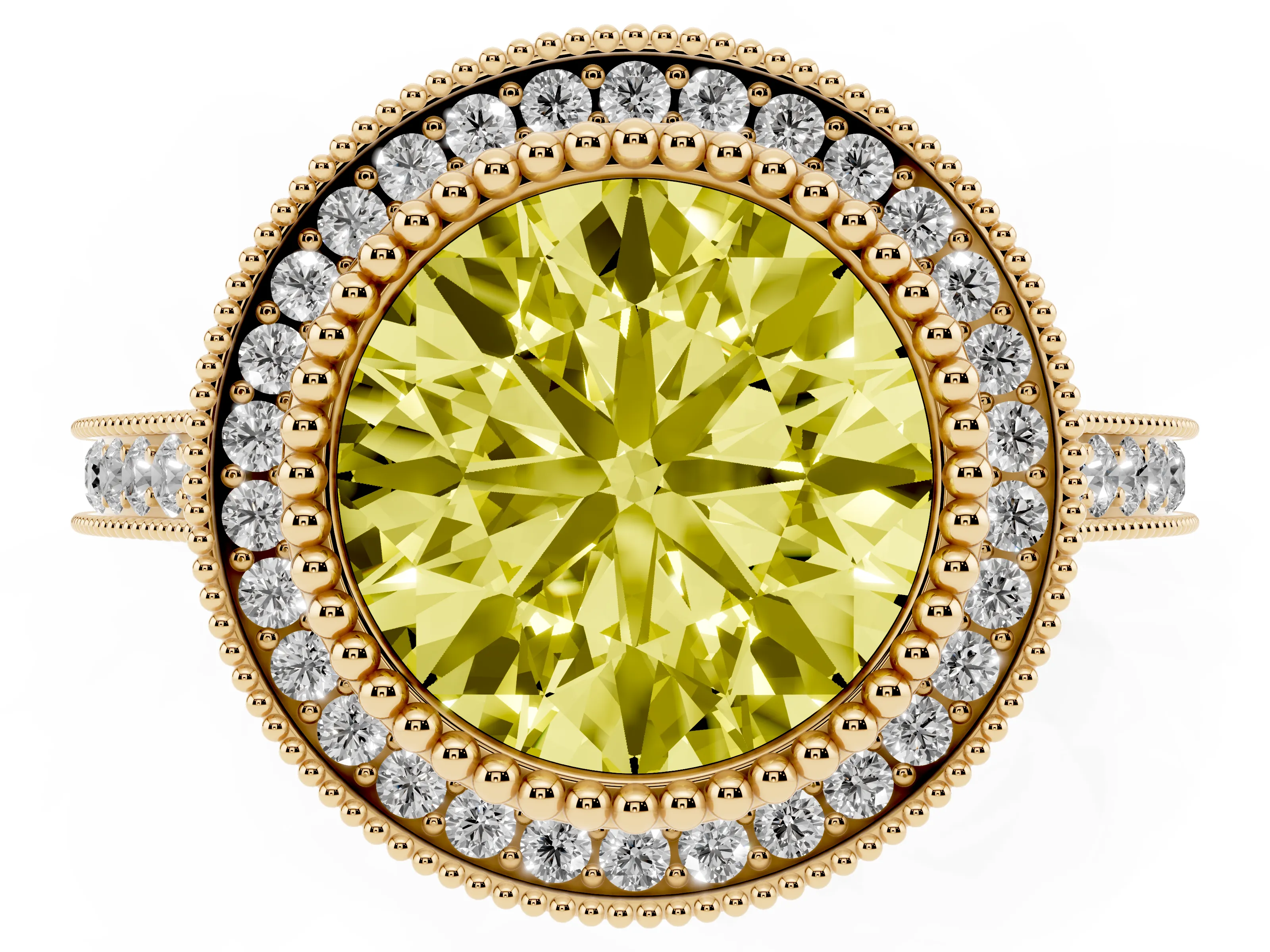 Fancy Yellow Round Cut Diamond Halo Ring Set in Yellow gold with Milgrain Frame and Pavé Band
