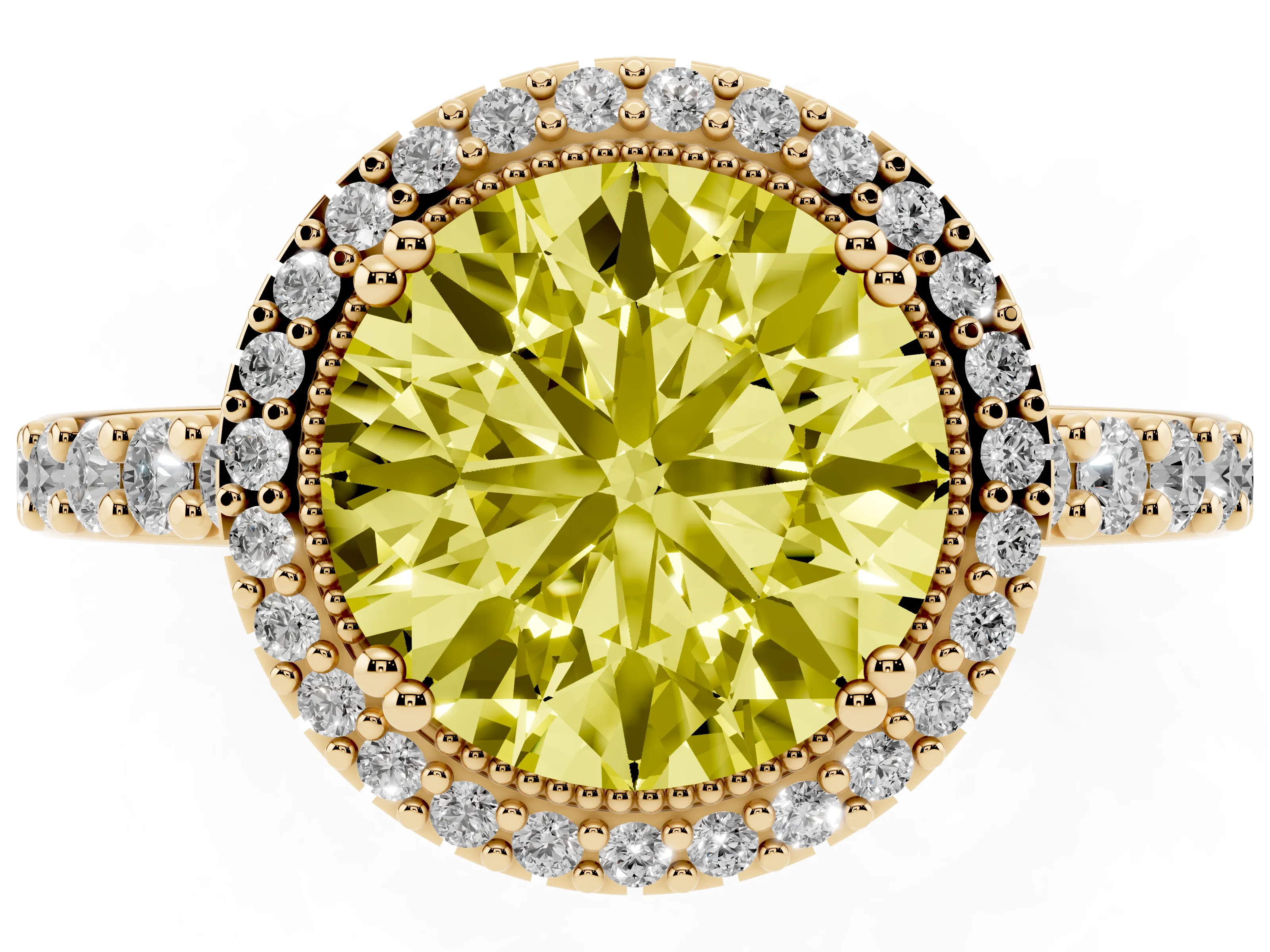 Fancy Yellow Round Cut Diamond Halo Engagement Ring Set in Yellow gold with Milgrain Detail and Pavé Band