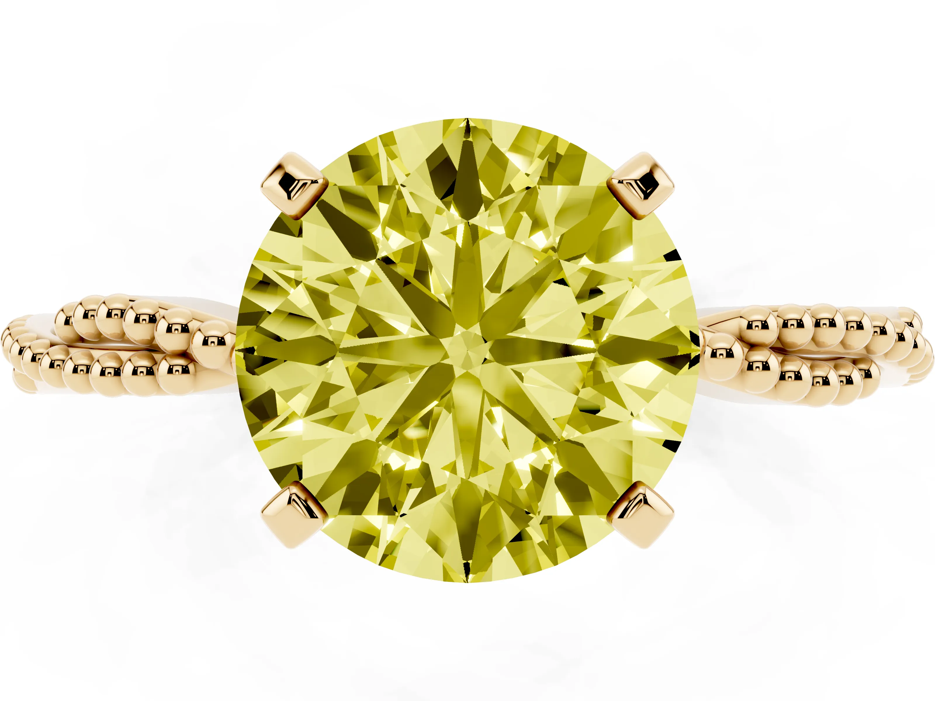 Fancy Yellow Round Cut Diamond Solitaire Ring Set in Yellow gold with Twisted Band and Bead Prong Setting