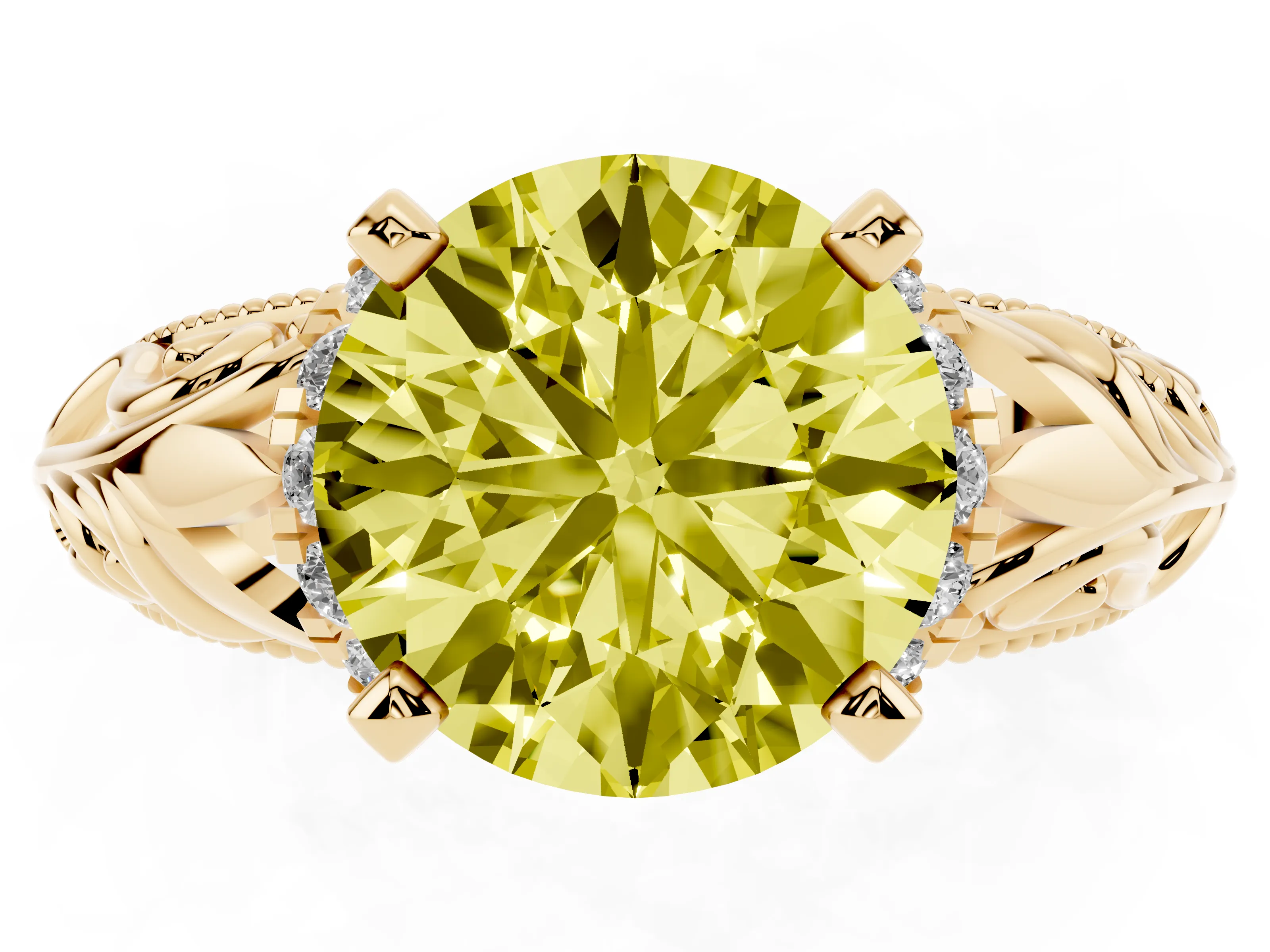 Fancy Yellow Round Cut Diamond Filigree Halo Engagement Ring Set in Yellow gold with Prong Setting