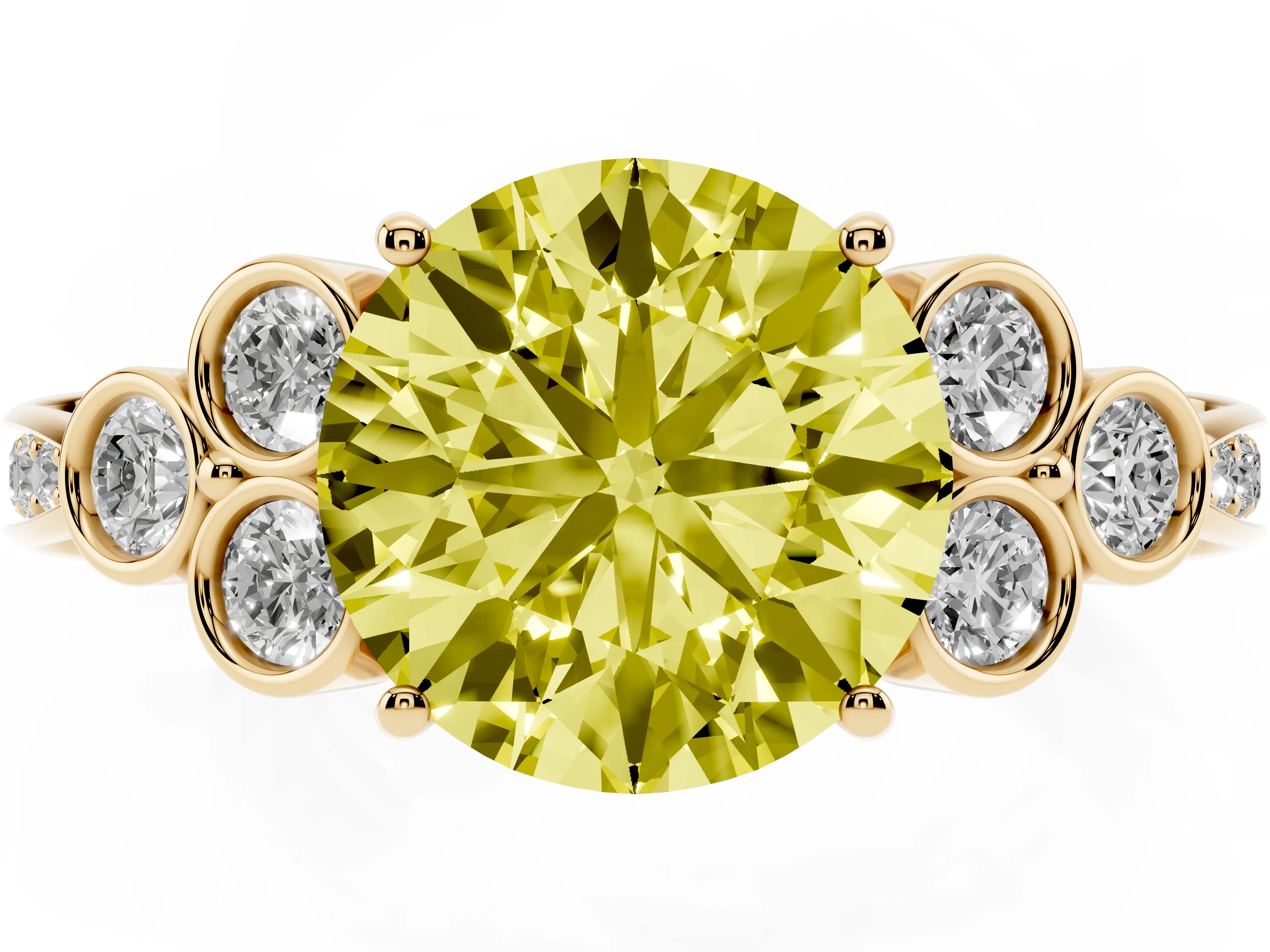 Fancy Yellow Round Cut Diamond Engagement Ring Set in Yellow gold with Bezel Set Round Side Stones and Prong Setting