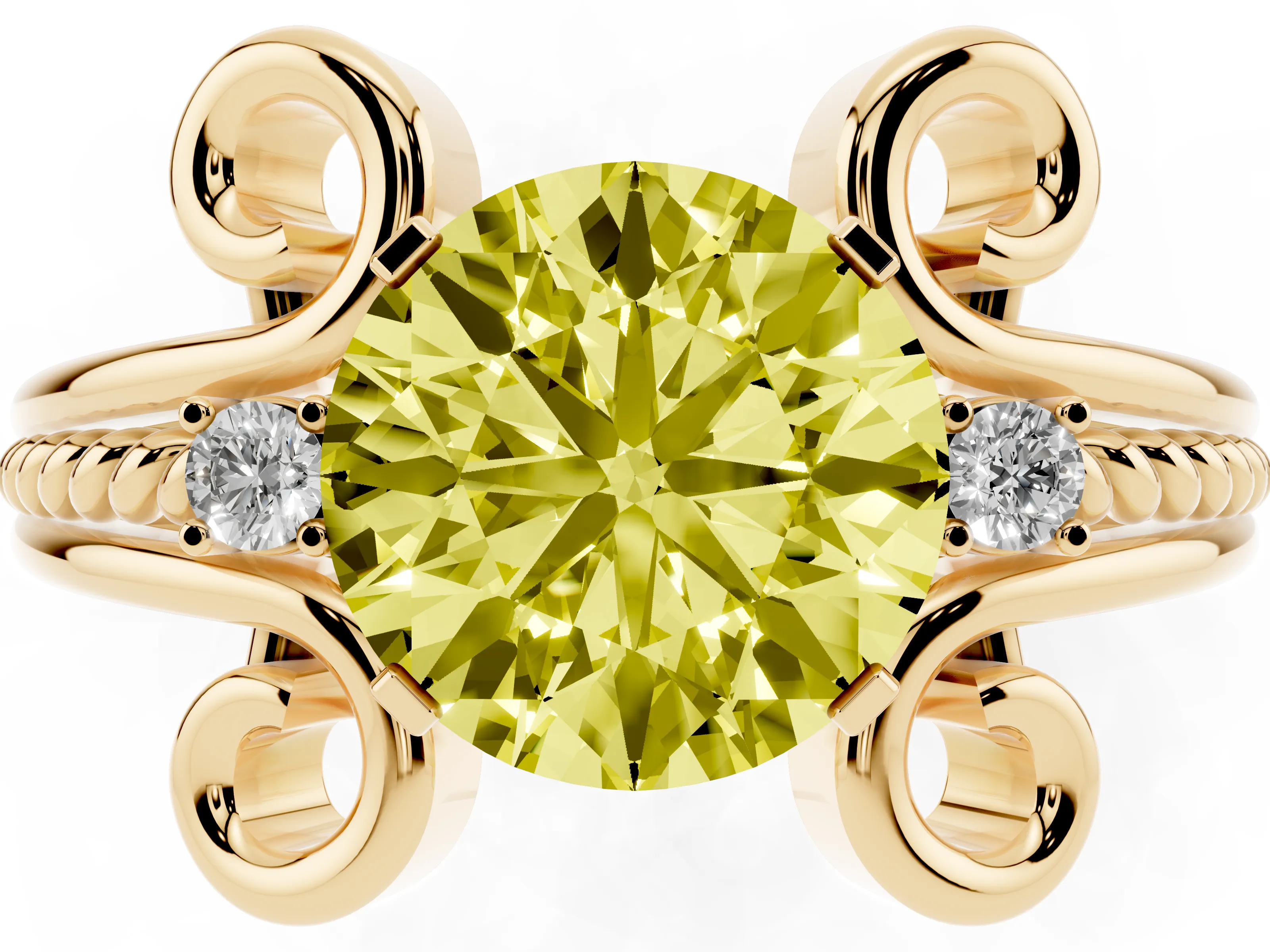 Fancy Yellow Round Cut Diamond Twisted Band Solitaire Ring Set in Yellow gold with Scroll Prongs
