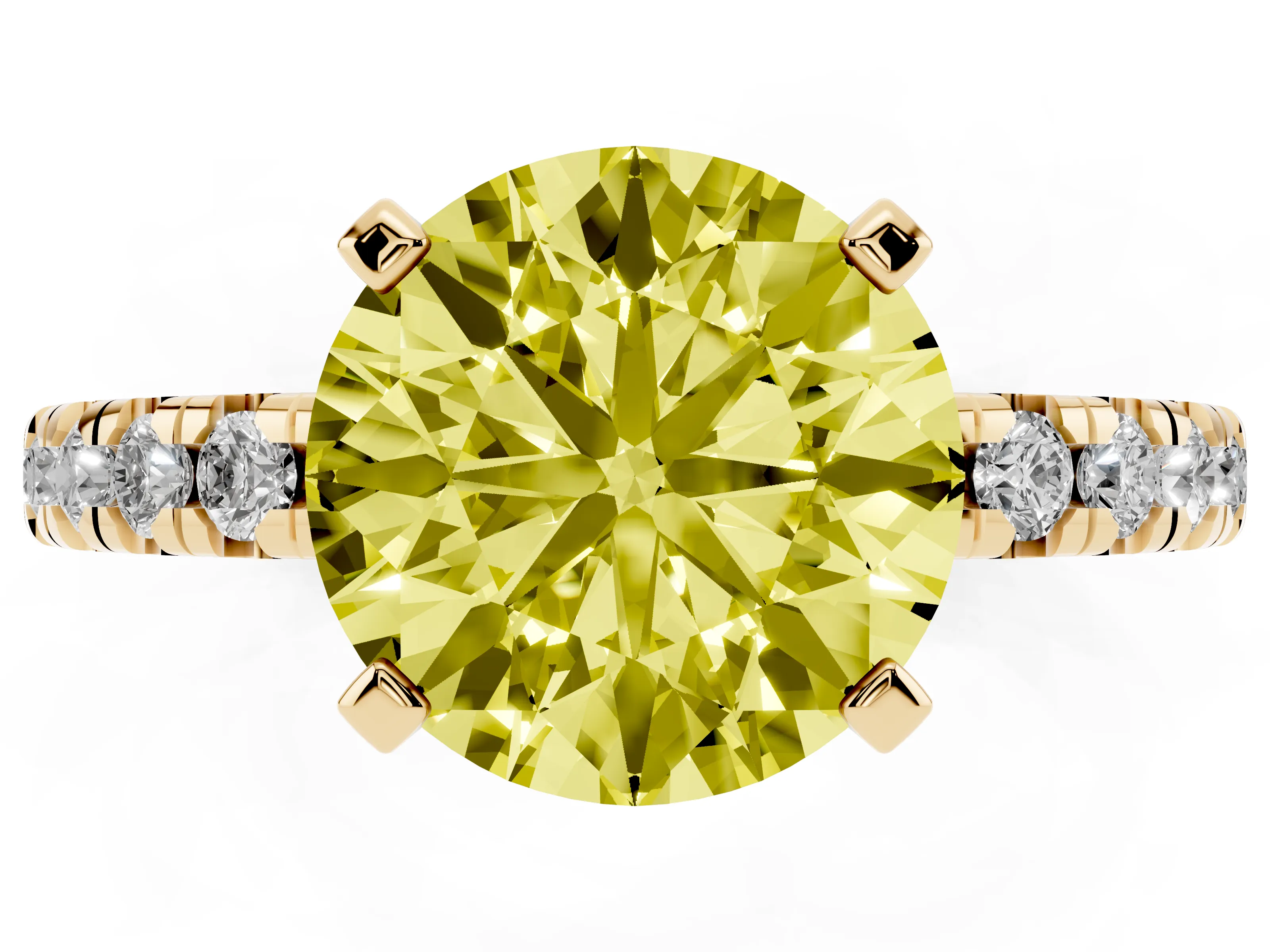 Fancy Yellow Round Cut Diamond Solitaire Pavé Engagement Ring Set in Yellow gold with Round Band and Prong Setting