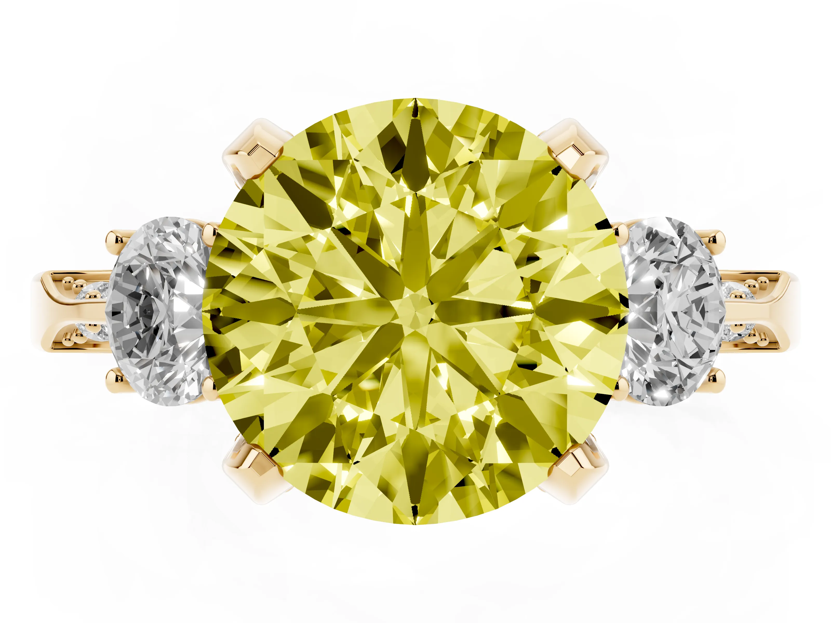 Fancy Yellow Round Cut Diamond Three-Stone Ring Set in Yellow gold with Pavé Band and Smaller Side Stones