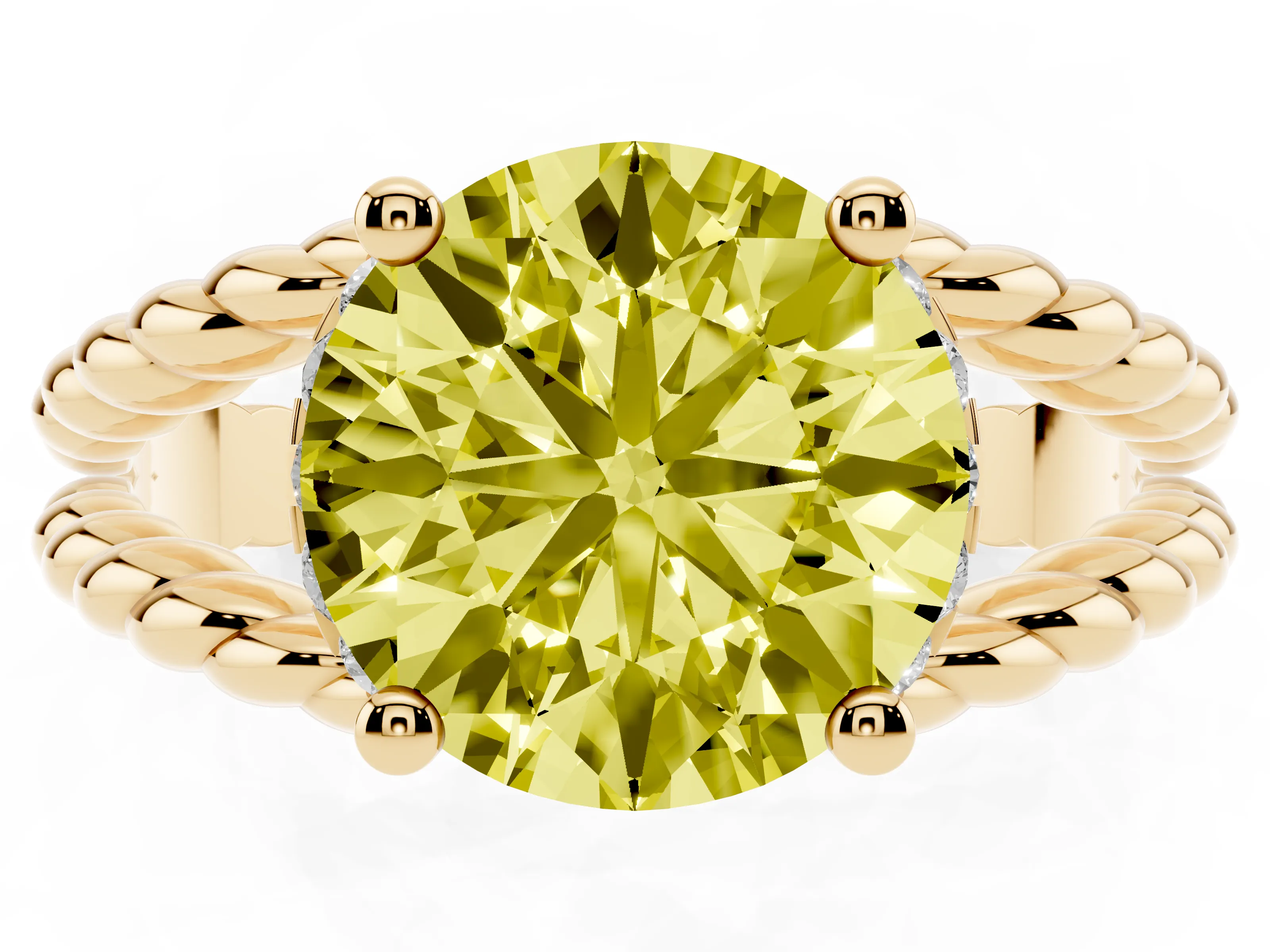 Fancy Yellow Round Cut Diamond Halo Ring Set in Yellow gold with Twisted Band and Prong Setting