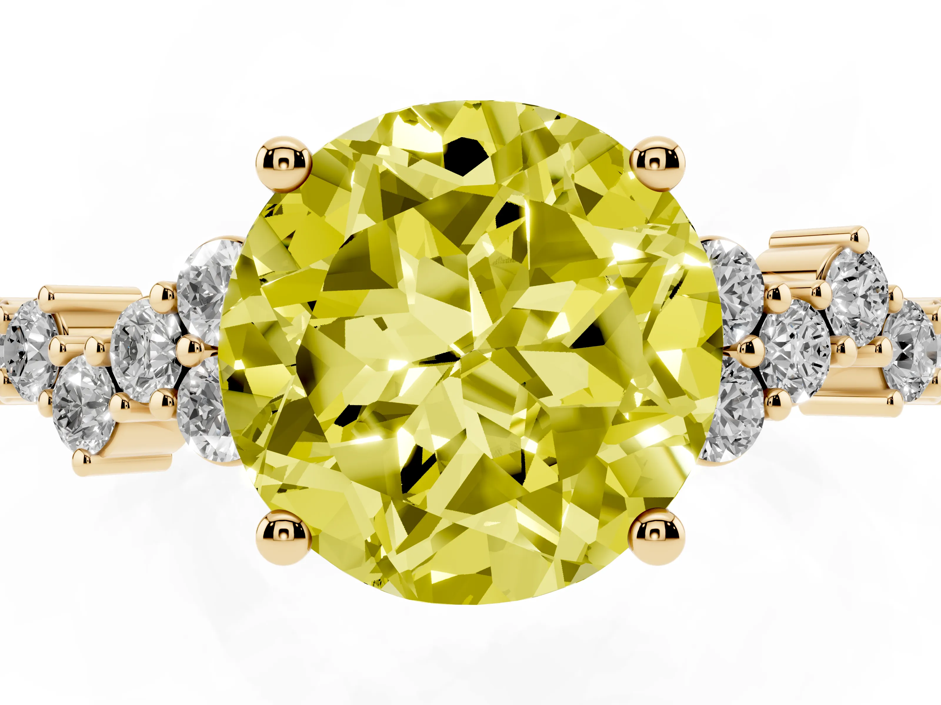 Fancy Yellow Round Cut Diamond Ring Set in Yellow gold with Scattered Round Accents