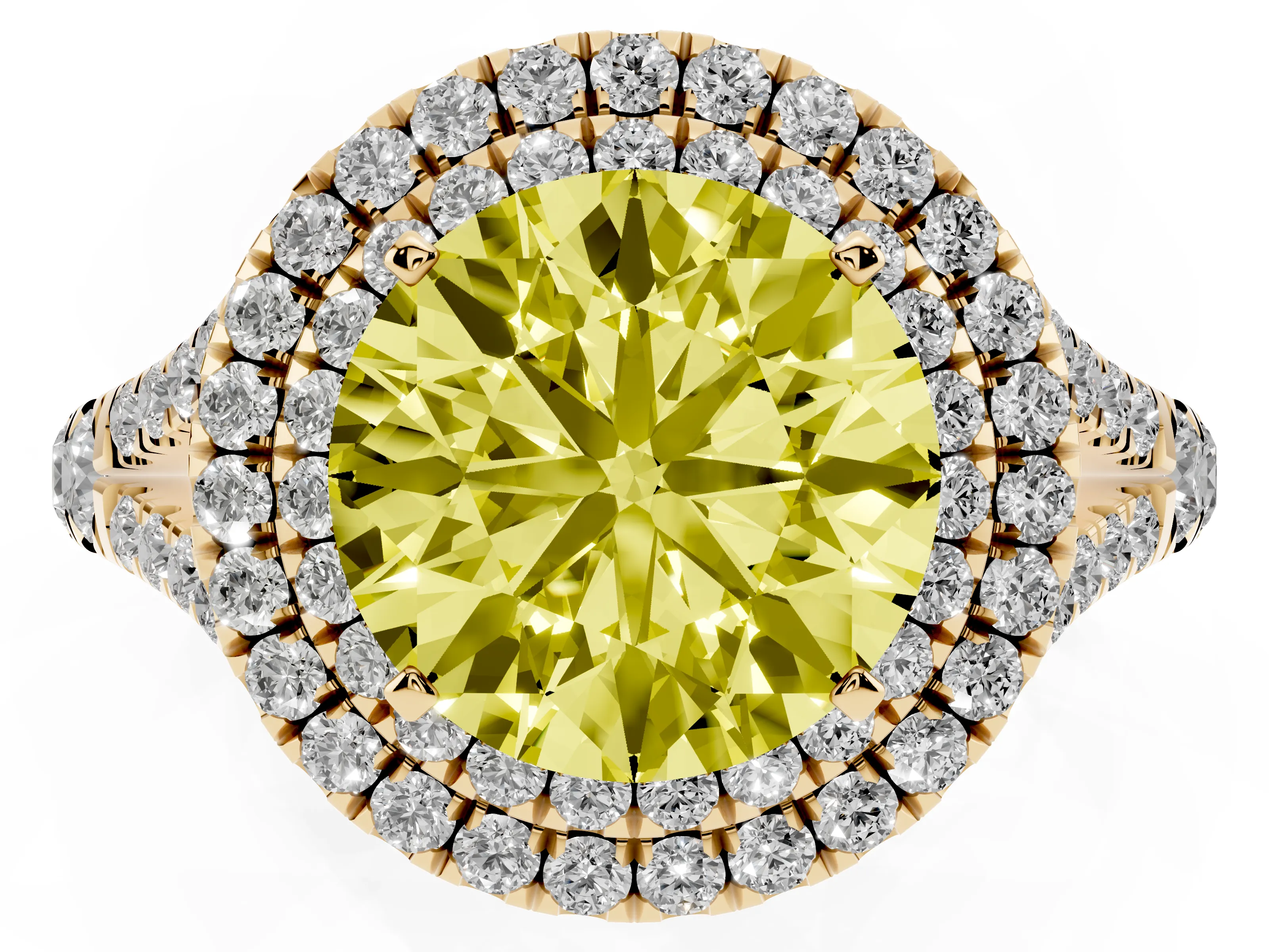 Fancy Yellow Round Cut Diamond Pavé Split Shank Double Halo Engagement Ring Set in Yellow gold