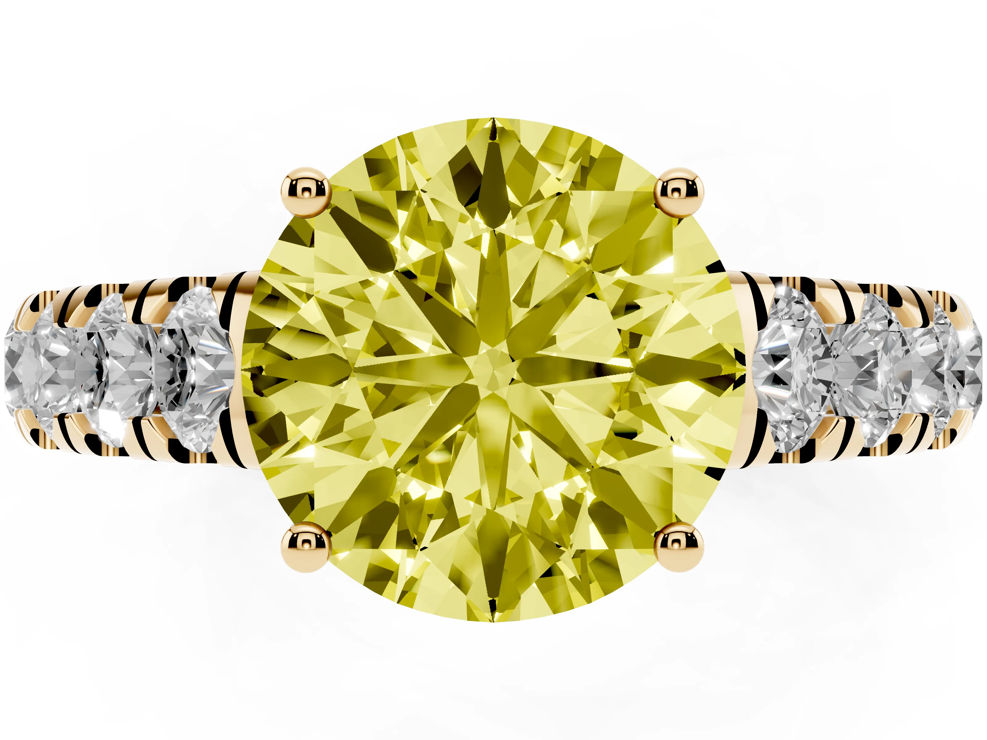 Fancy Yellow Round Cut Diamond Solitaire Ring Set in Yellow gold with Cut-Down Micro Pavé Band and Prong Setting