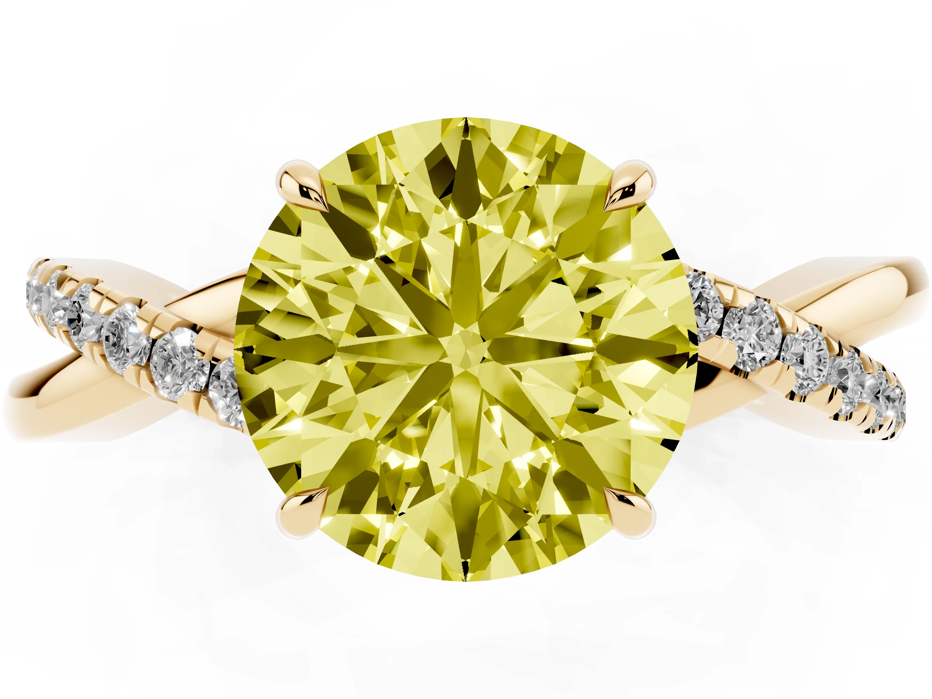 Fancy Yellow Round Cut Diamond Twisted Pavé Band Ring Set in Yellow gold with Prong Setting
