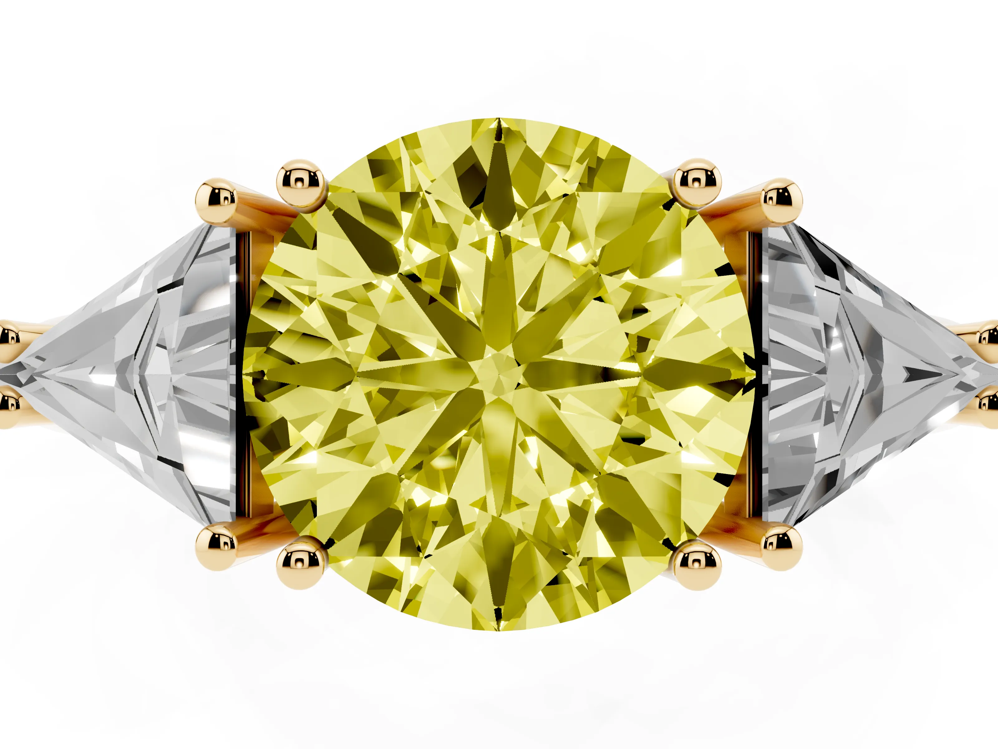 Fancy Yellow Round Cut Diamond Three-Stone Engagement Ring Set in Yellow gold with Trillion Side Stones